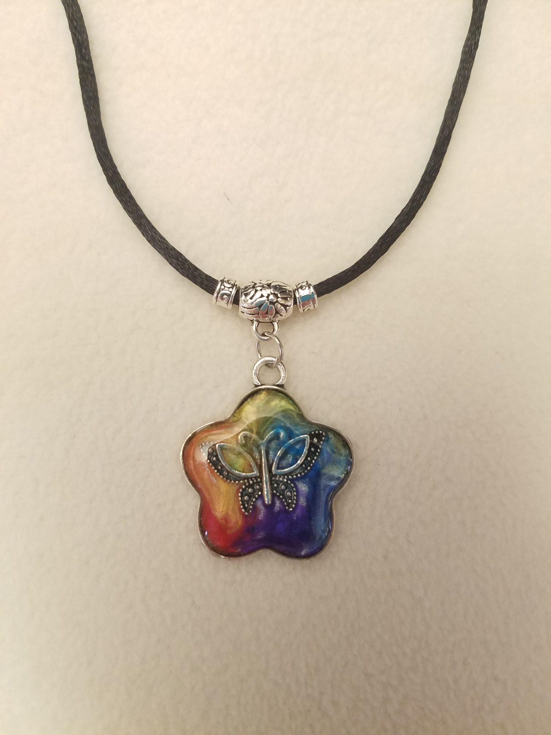 Women's Flower & Butterfly Rainbow Epoxy Black Cord Adjustable Necklace