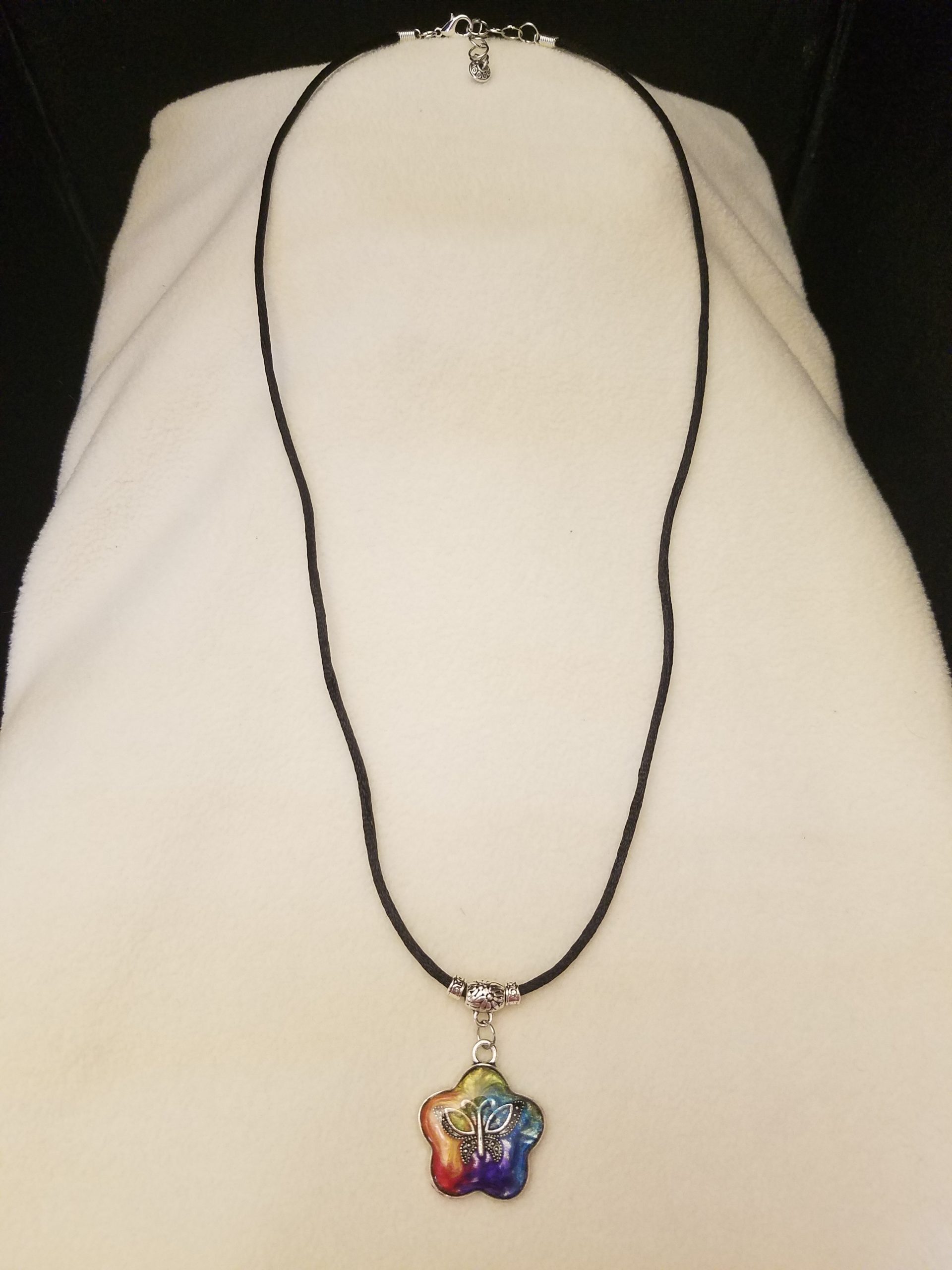 Black Cord Necklace with Rainbow Epoxy Flower & Butterfly Pendant