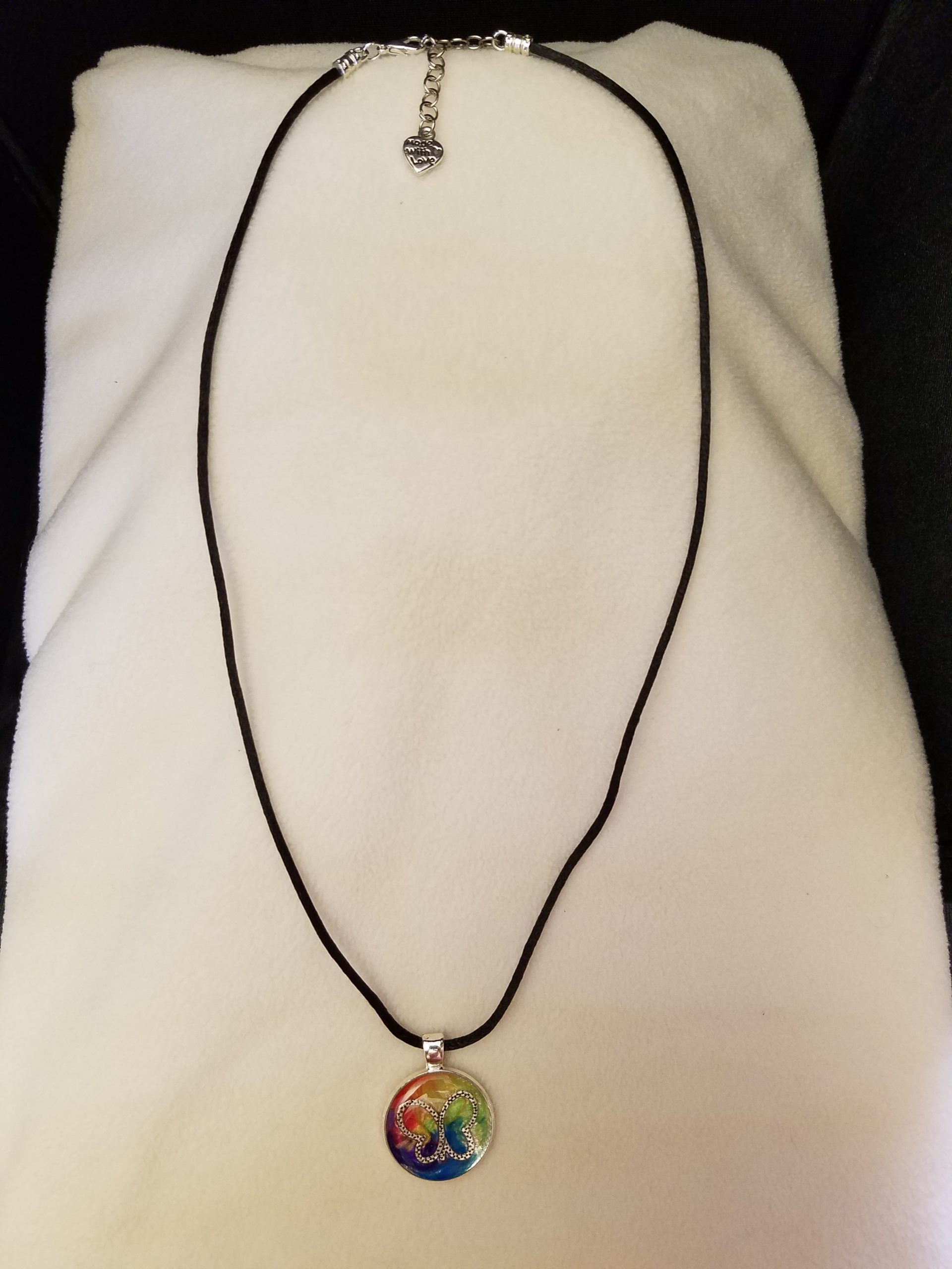 Adjustable Black Cord Necklace with Rainbow Epoxy & Butterfly Pendant