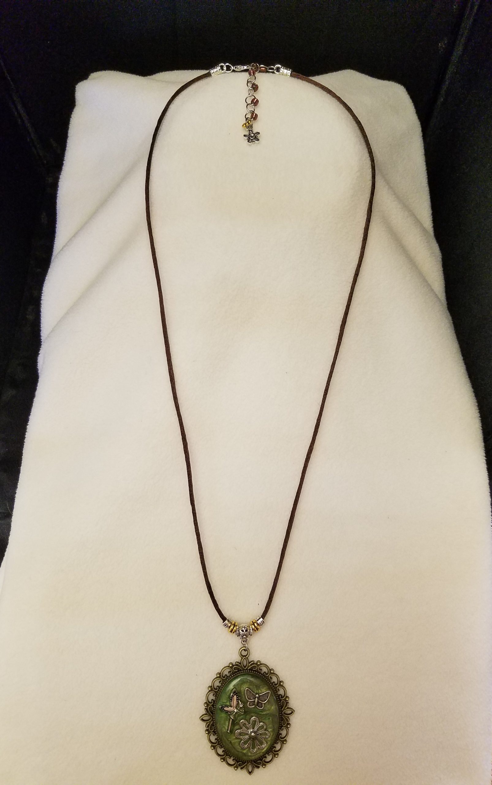 Brown Cord Beaded Adjustable Necklace with Silver Fairy, Butterfly & Flower Set in Green Epoxy on Decorative Antique Gold Pendant