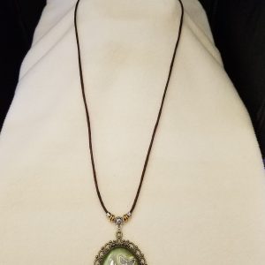 Brown Cord Beaded Adjustable Necklace with Silver Fairy, Butterfly & Flower Set in Green Epoxy on Decorative Antique Gold Pendant