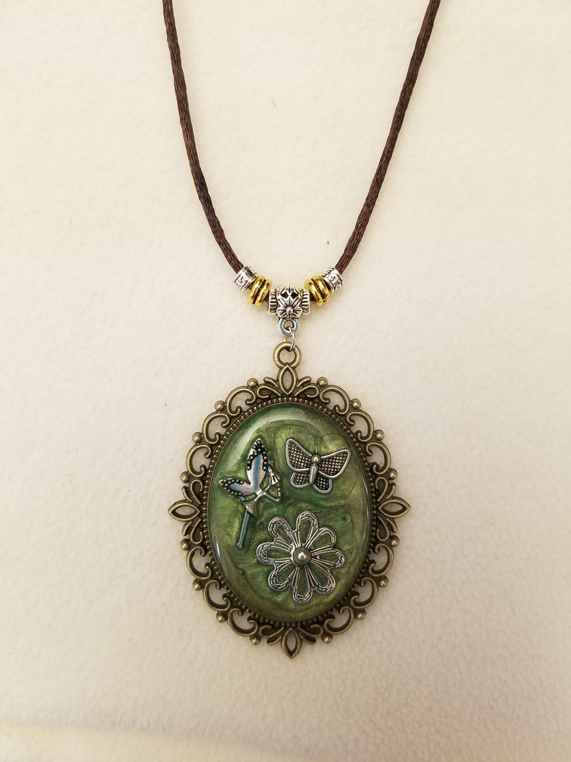 Silver Fairy, Butterfly & Flower Set in Green Epoxy on Decorative Antique Gold Pendant