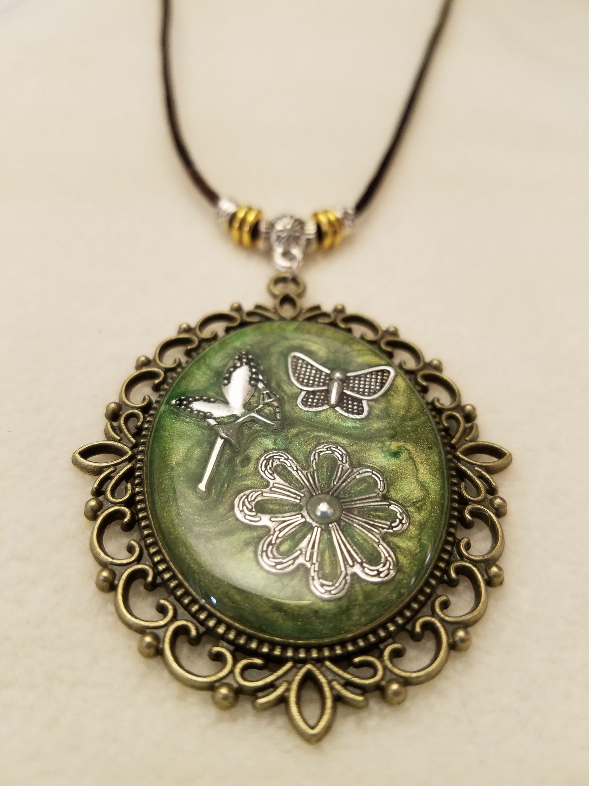 Silver Fairy, Butterfly & Flower Set in Green Epoxy on Decorative Antique Gold Pendant