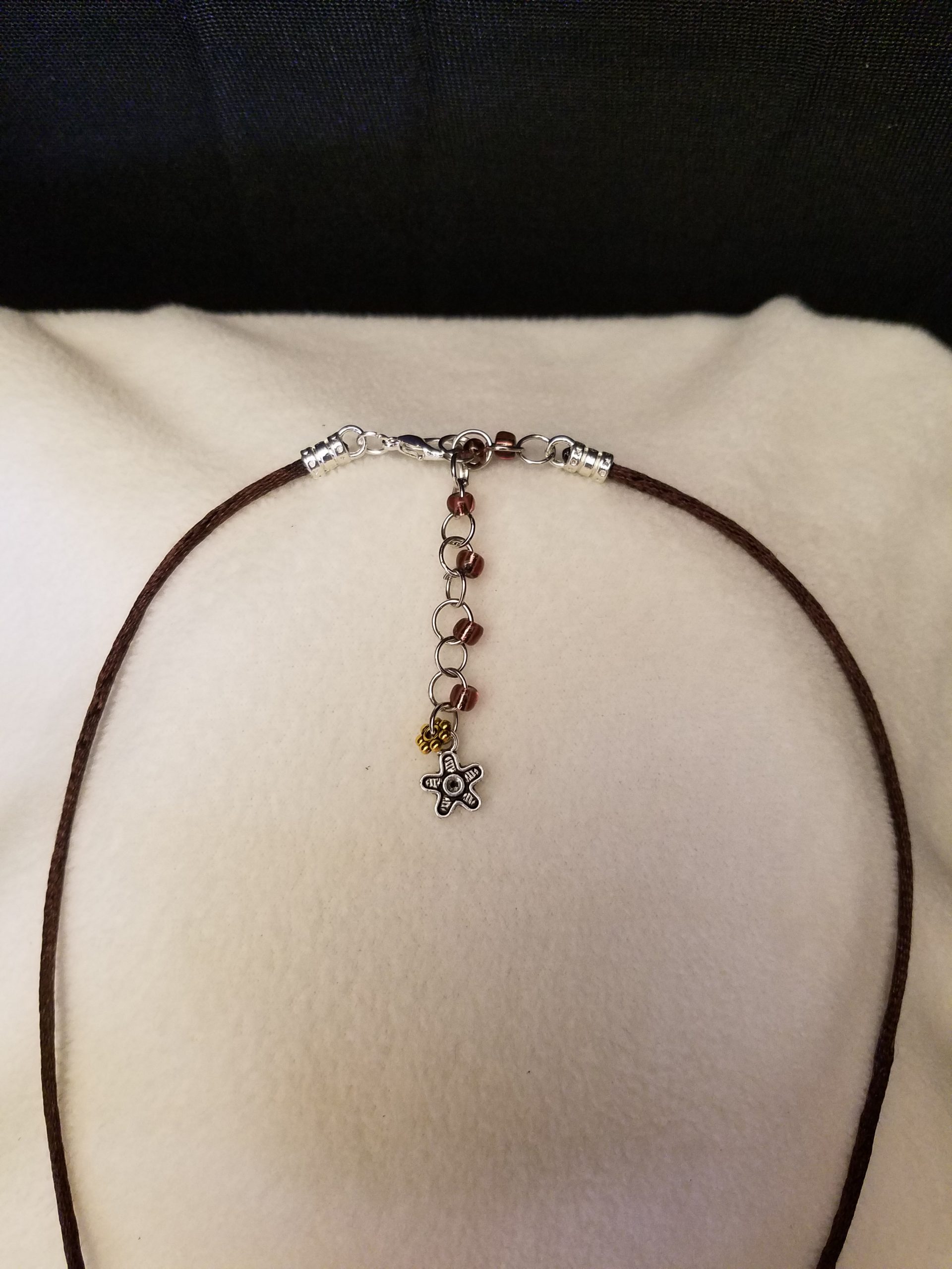 Brown Bead Silver Chain Adjustable Clasp on Brown Cord Necklace with Flower Counterweight