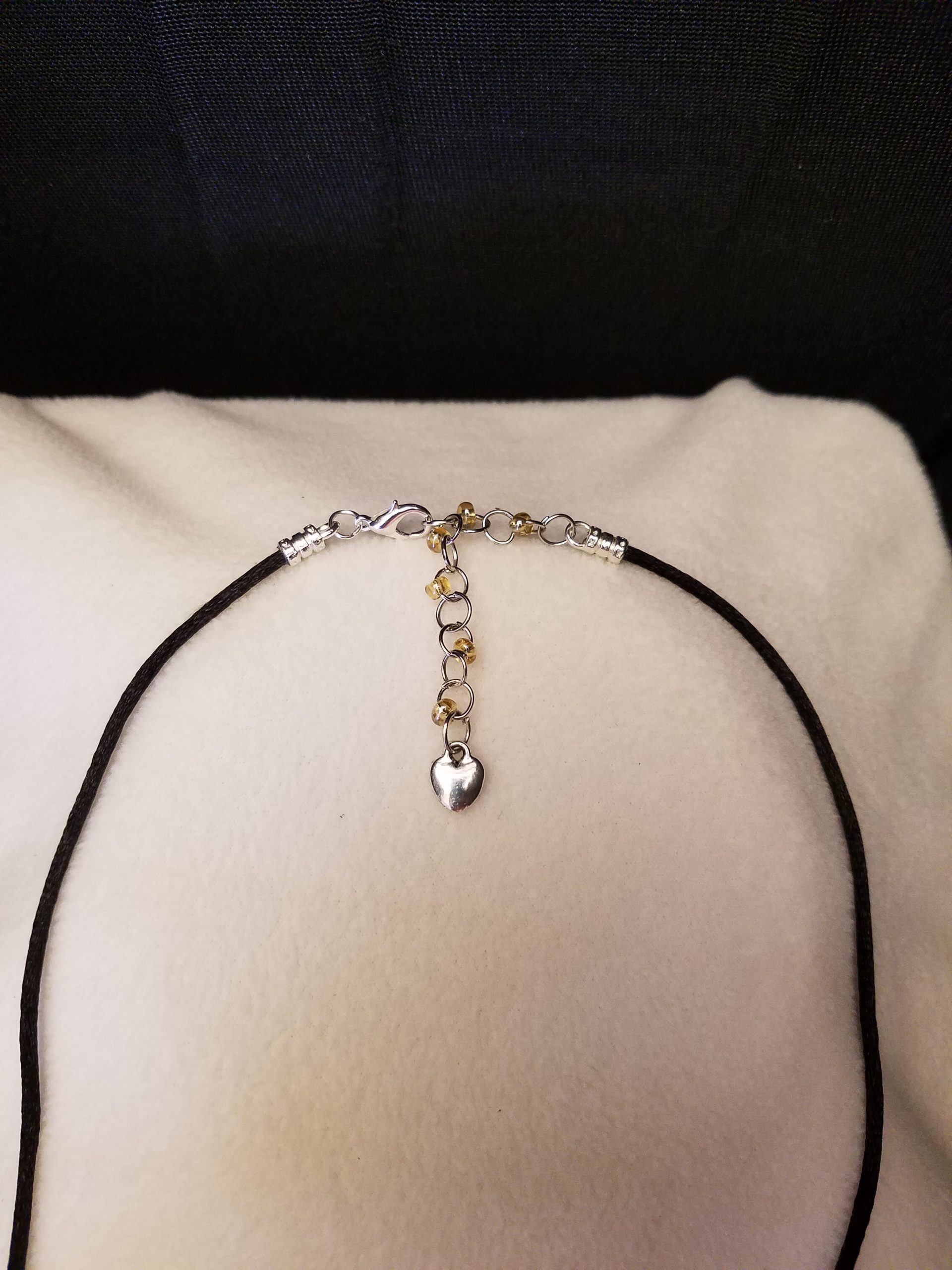 Gold Bead Silver Chain Adjustment & Clasp on Brown Cord Necklace with Heart Counterweight