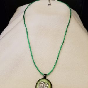 Adjustable Green Cord Necklace with a Silver Snail in Green Epoxy on Round Black Pendant