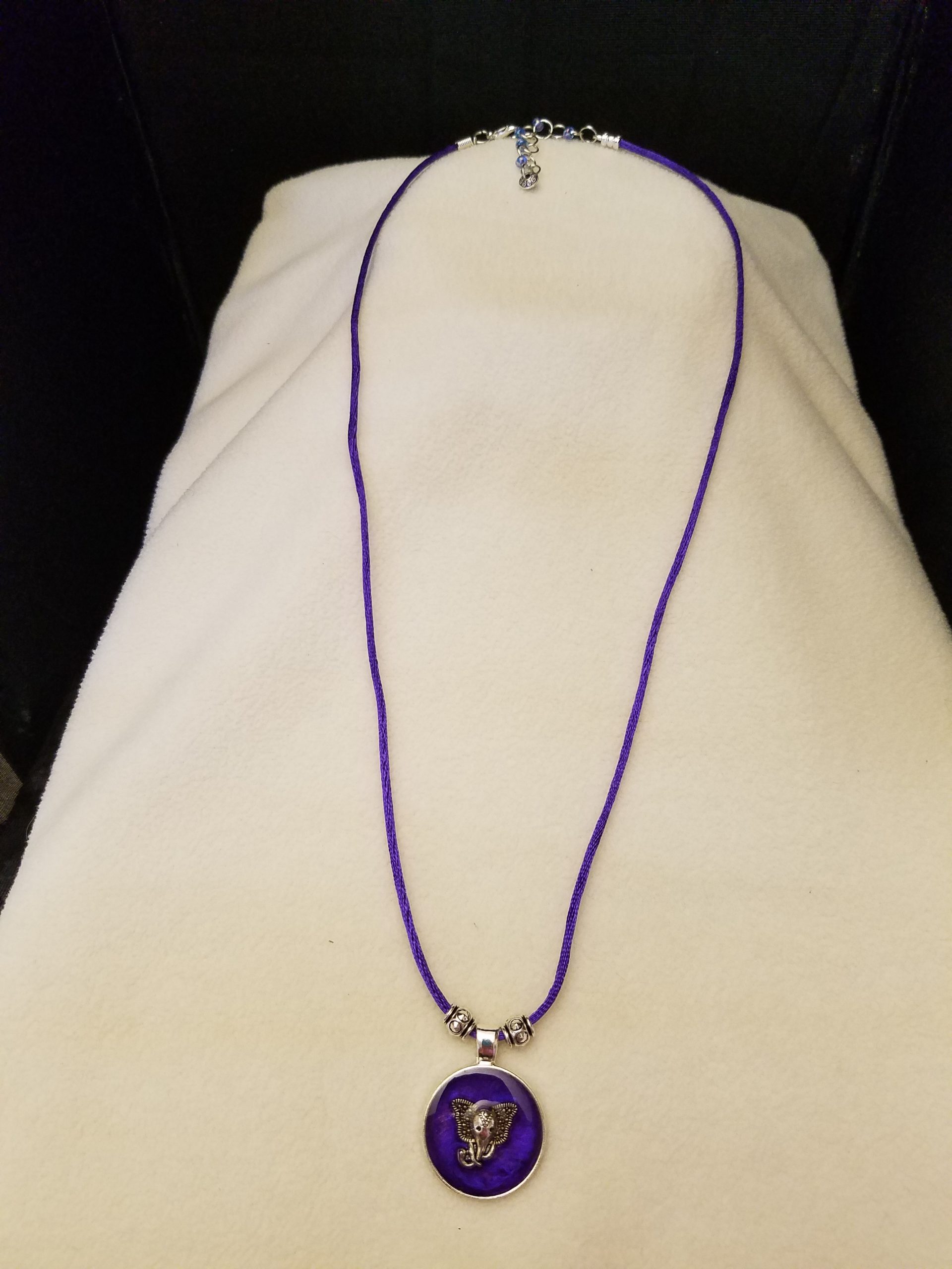 Beaded Adjustable Purple Cord Necklace with a Silver Elephant in Purple Epoxy on Round Silver Pendant