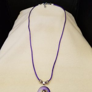 Beaded Adjustable Purple Cord Necklace with a Silver Elephant in Purple Epoxy on Round Silver Pendant