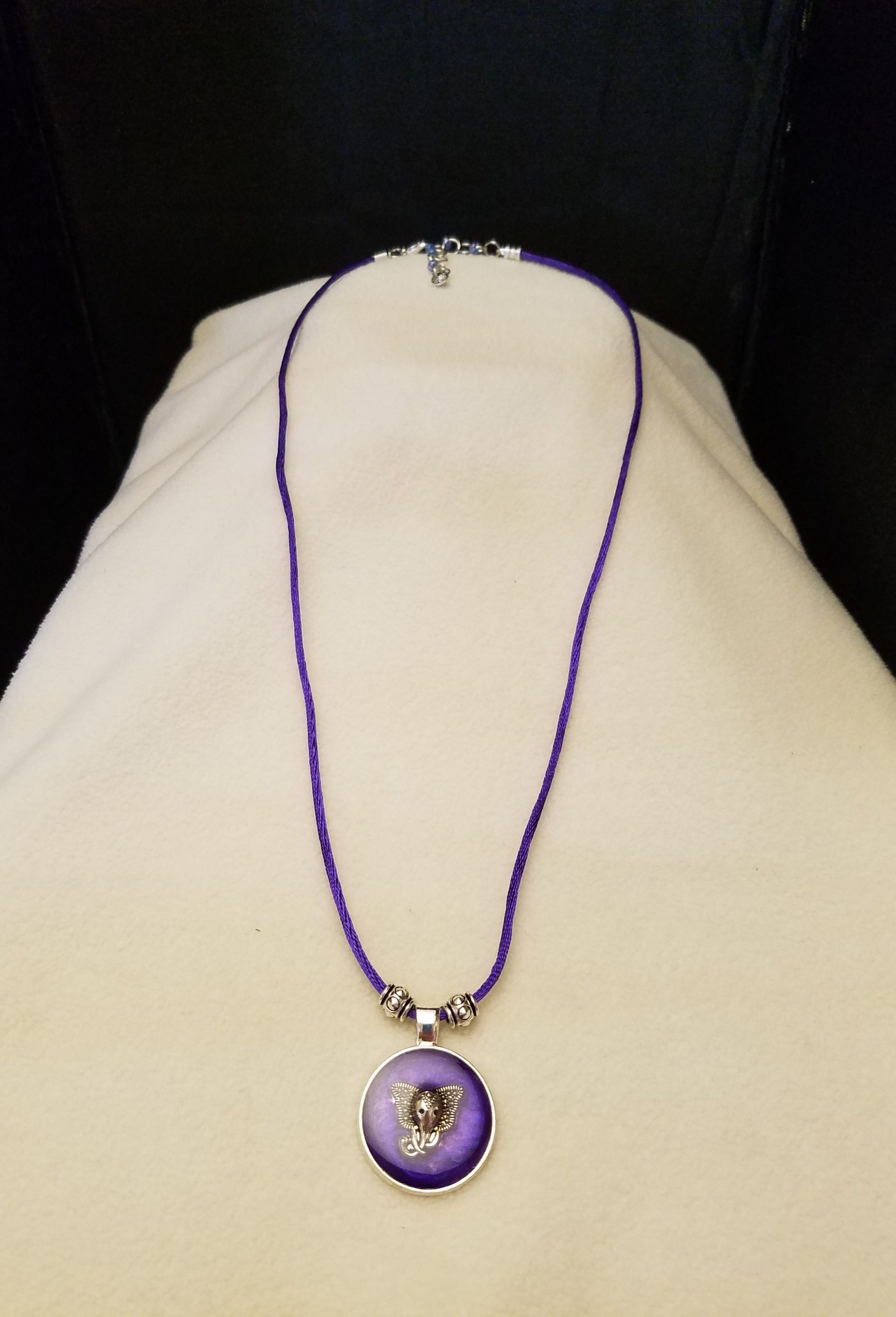 Beaded Adjustable Purple Cord Necklace with a Silver Elephant in Purple Epoxy on Round Silver Pendant
