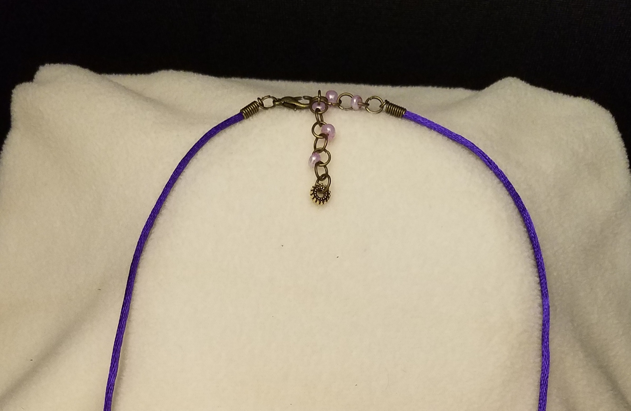 Purple Beaded Bronze Chain Adjustment & Clasp on Purple Cord Necklace with Counterweight