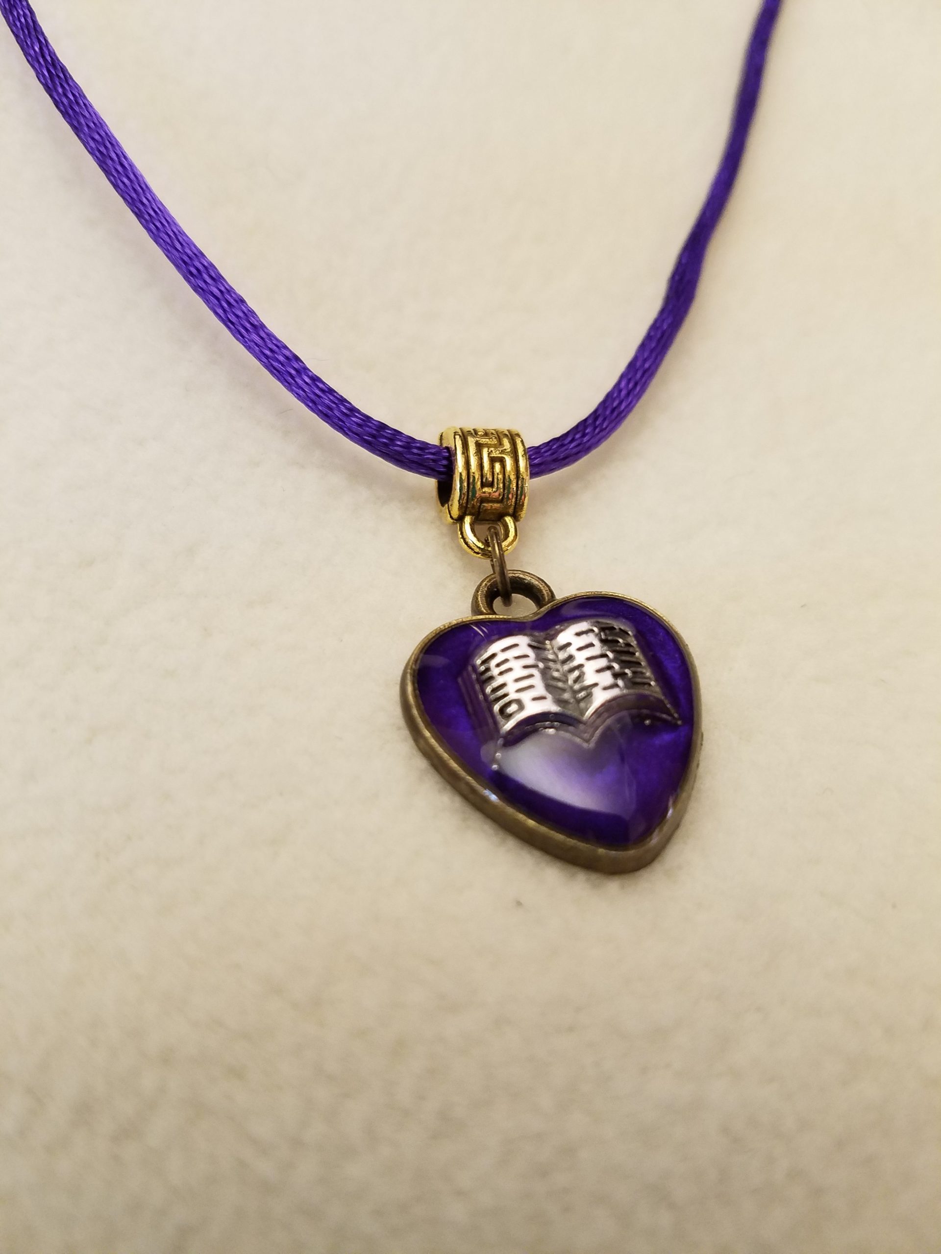 Open Book in a Purple Epoxy Heart Purple Cord Necklace - Image 4