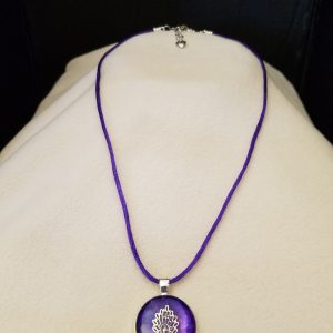 Adjustable Purple Cord Necklace with a Silver Peacock in Purple Epoxy on Round Silver Pendant