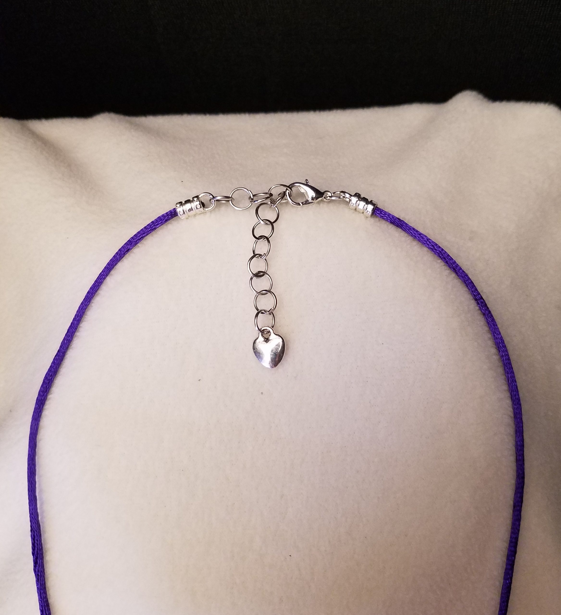 Silver Chain Adjustment & Clasp on Purple Cord Necklace with Heart Counterweight