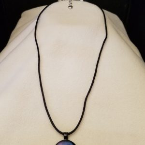 Adjustable Black Cord Necklace with a Silver 'LOVE' Charm in Purple & Blue Swirl Epoxy on Round Black Pendant