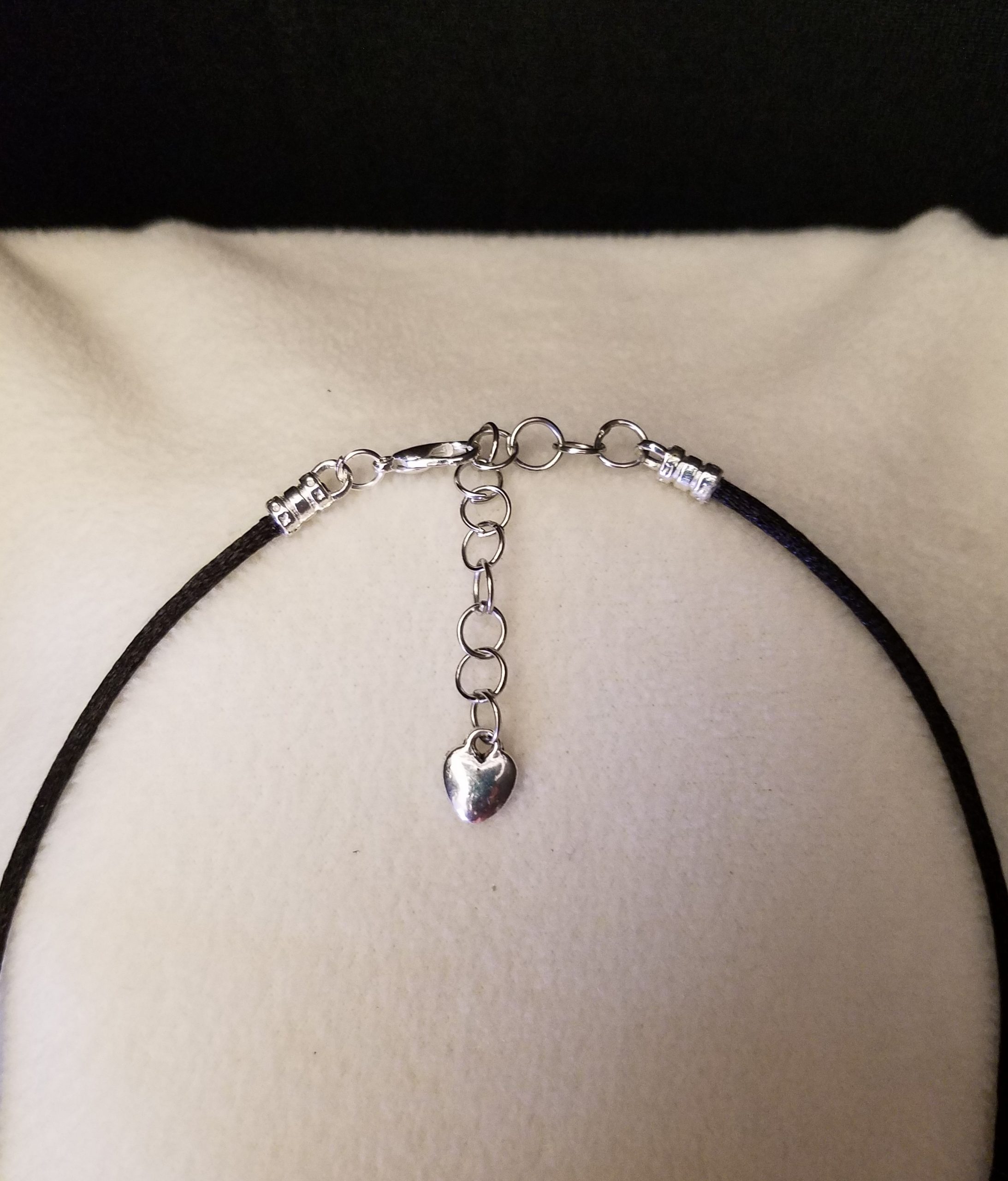 Silver Chain Adjustment & Clasp on Black Cord Necklace with Heart Counterweight