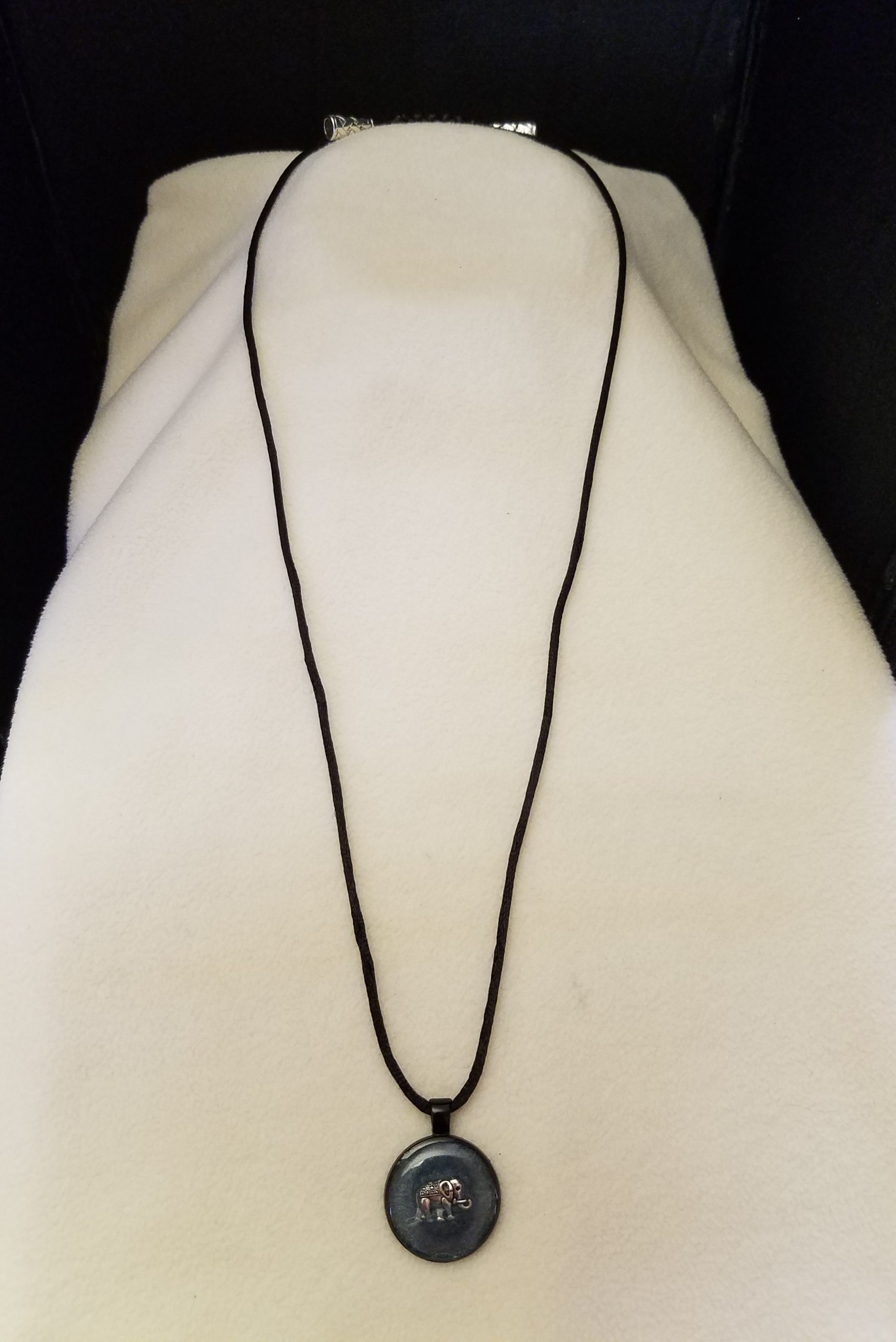 Adjustable Knotted Black Cord Necklace with Blue Epoxy Silver Elephant Round Black Pendant