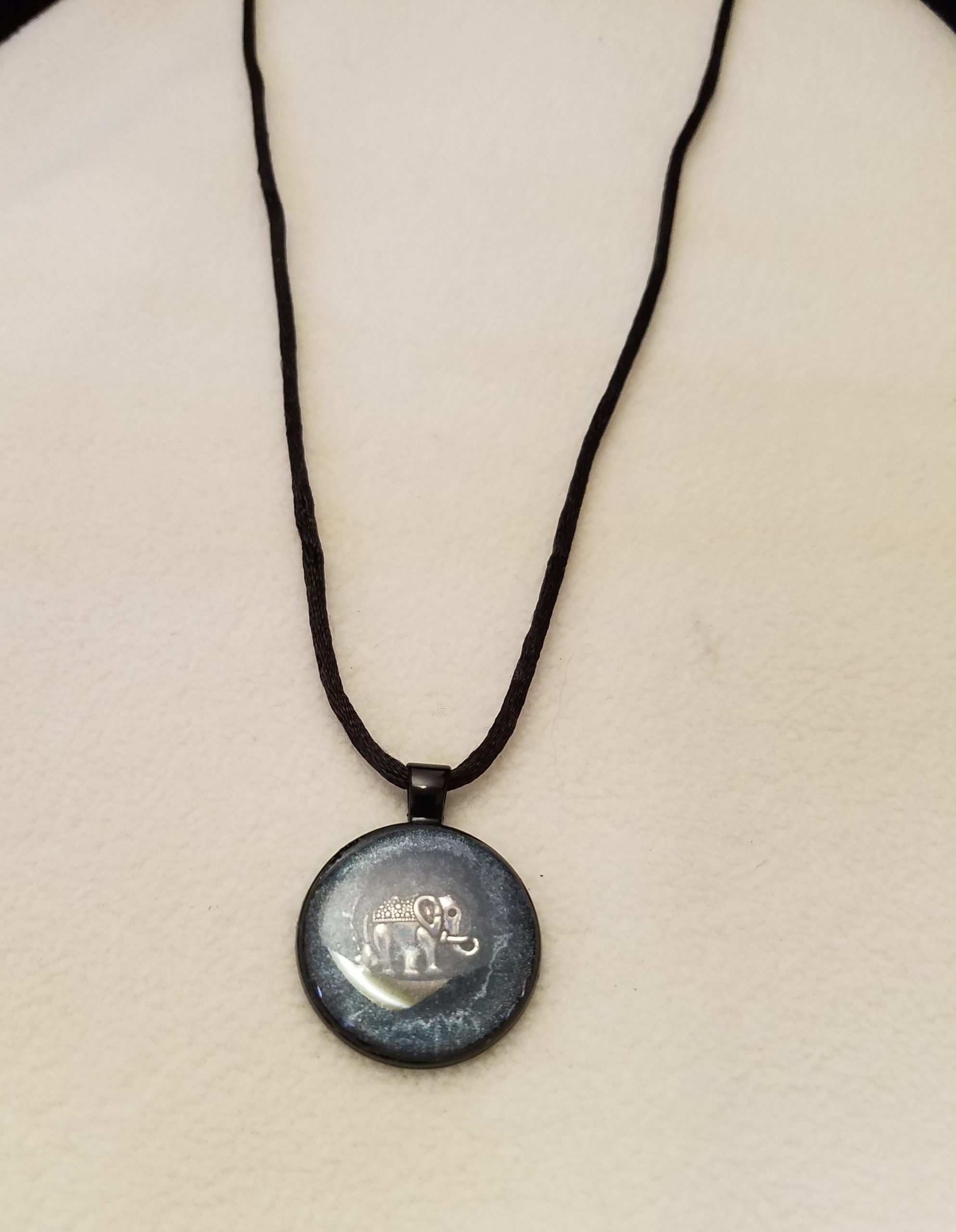 Blue Epoxy Silver Elephant Round Black Pendant on Black Cord Necklace