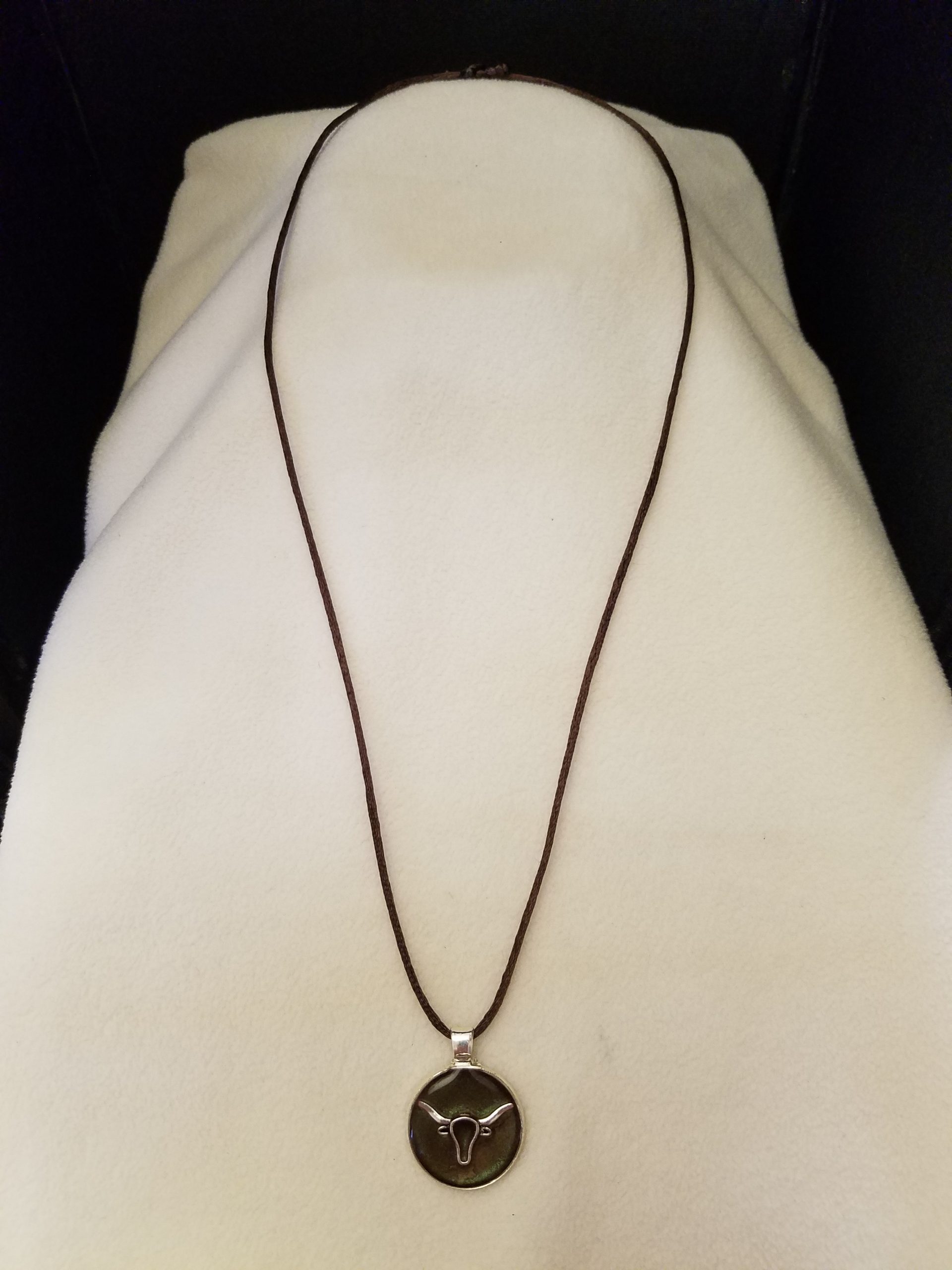 Adjustable Knotted Brown Cord Necklace with Brown Epoxy Silver Longhorn Steer Round Silver Pendant
