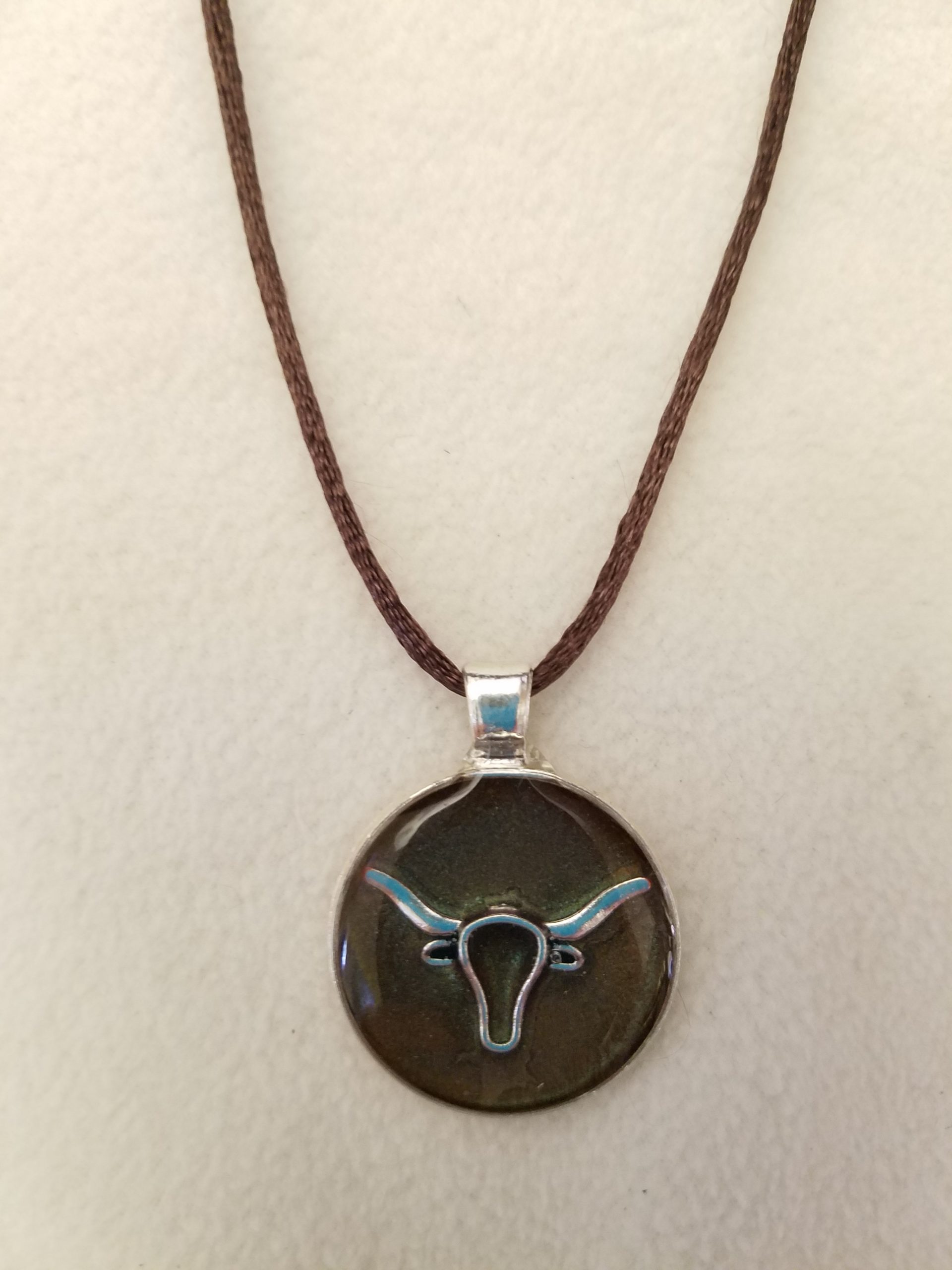 Brown Epoxy Silver Longhorn Steer Round Silver Pendant on Brown Cord Necklace