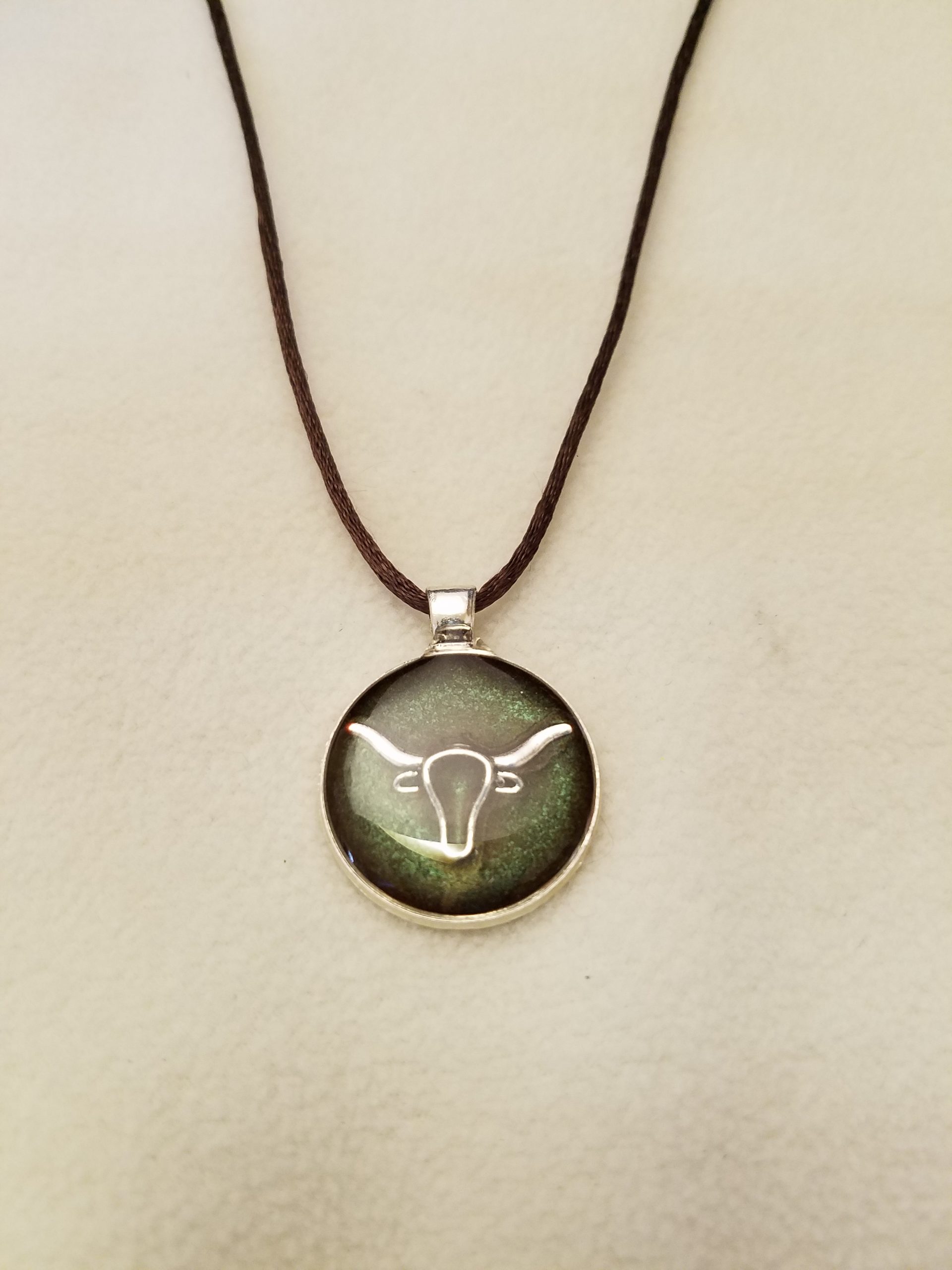 Brown Epoxy Silver Longhorn Steer Round Silver Pendant on Brown Cord Necklace