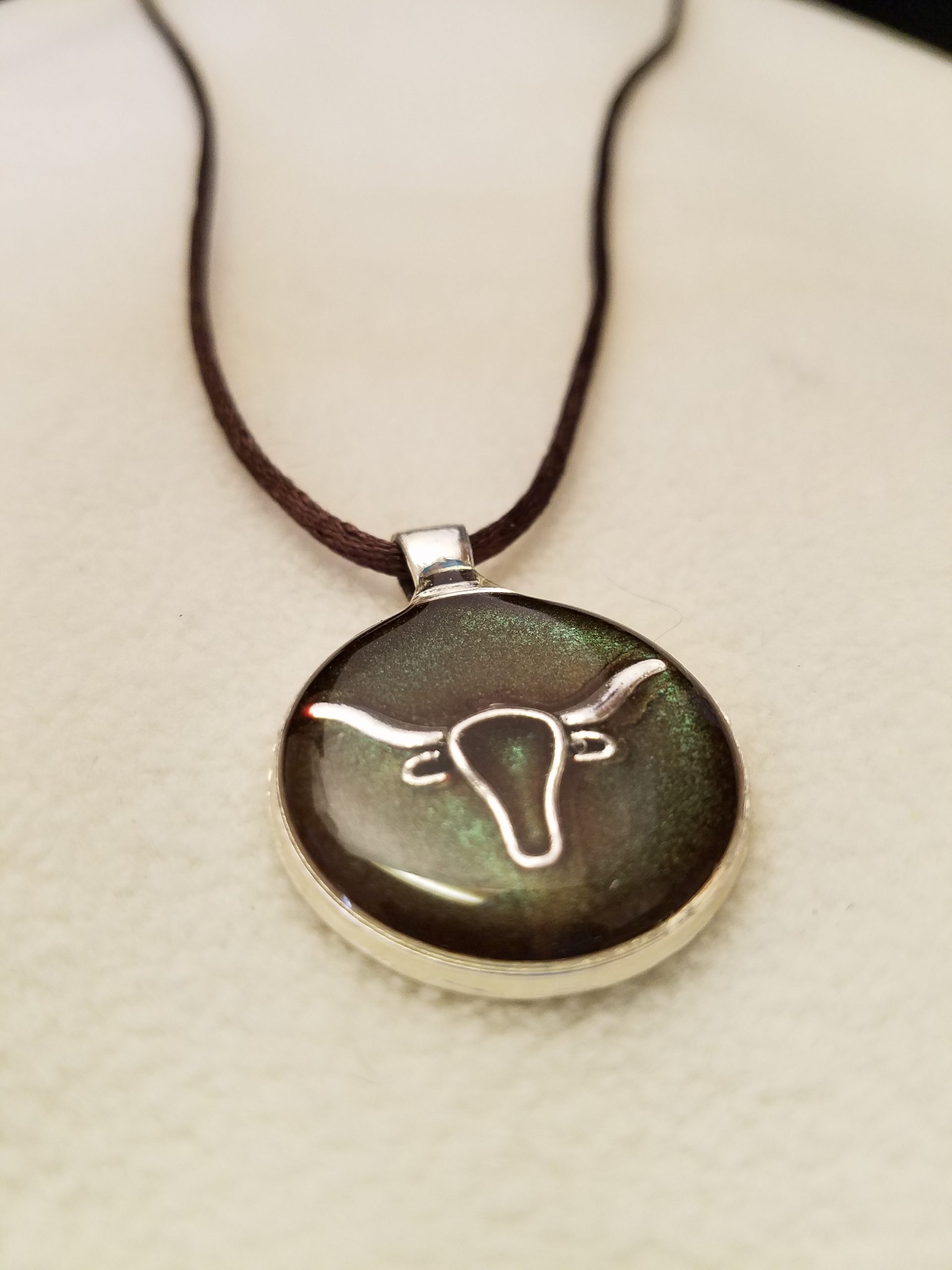 Brown Epoxy Silver Longhorn Steer Round Silver Pendant on Brown Cord Necklace