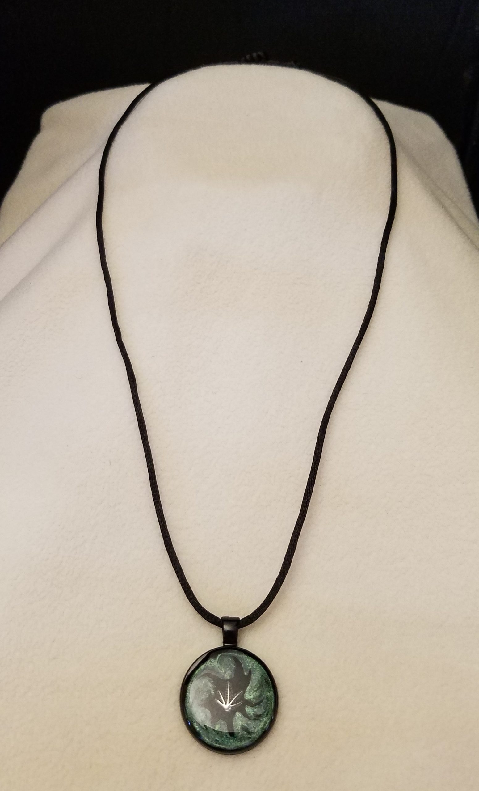 Adjustable Knotted Black Cord Necklace with Green Swirl Epoxy Silver Plant Leaf Round Black Pendant