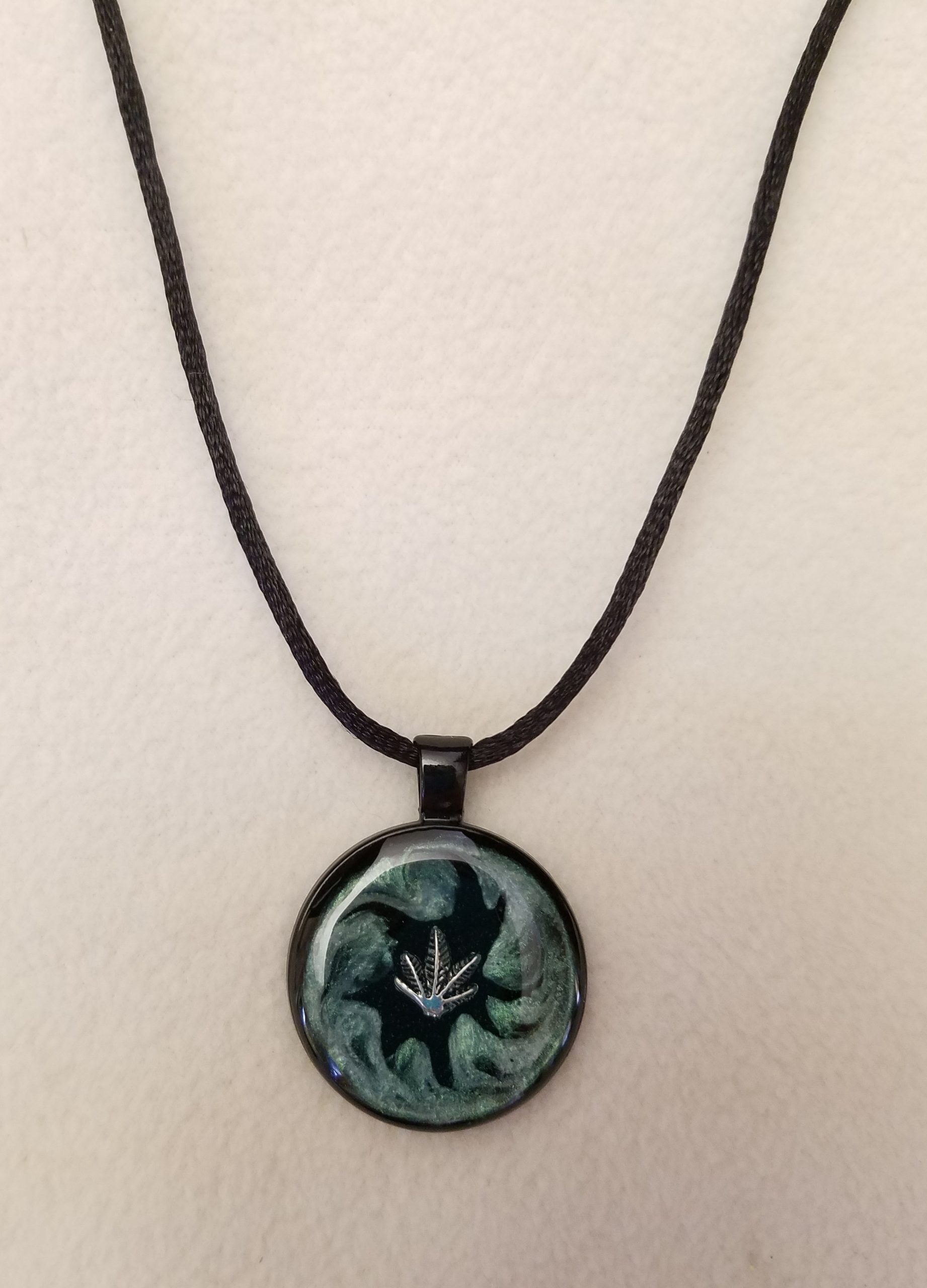 Green Swirl Epoxy Silver Plant Leaf Round Black Pendant on Black Cord Necklace