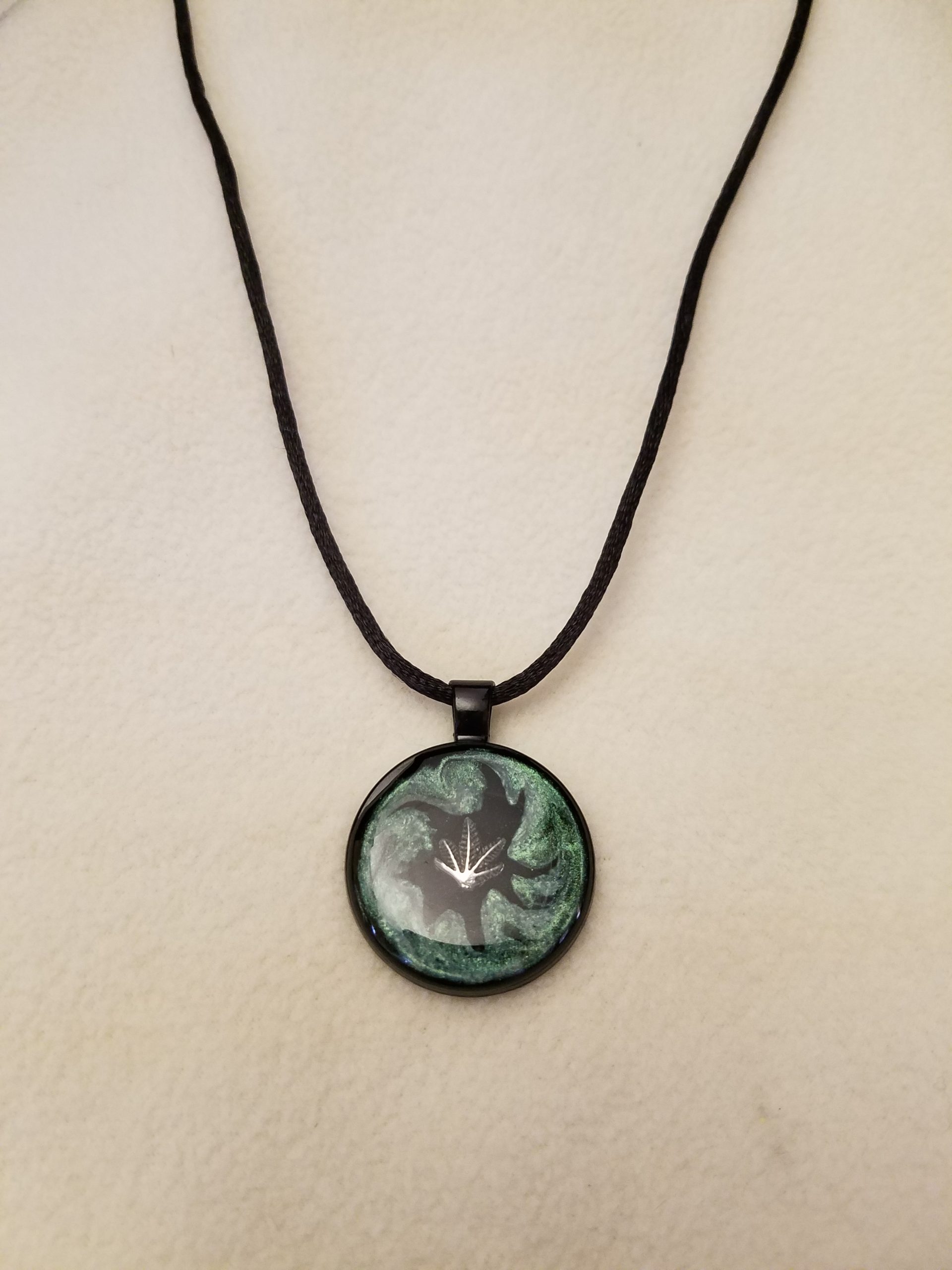 Green Swirl Epoxy Silver Plant Leaf Round Black Pendant on Black Cord Necklace