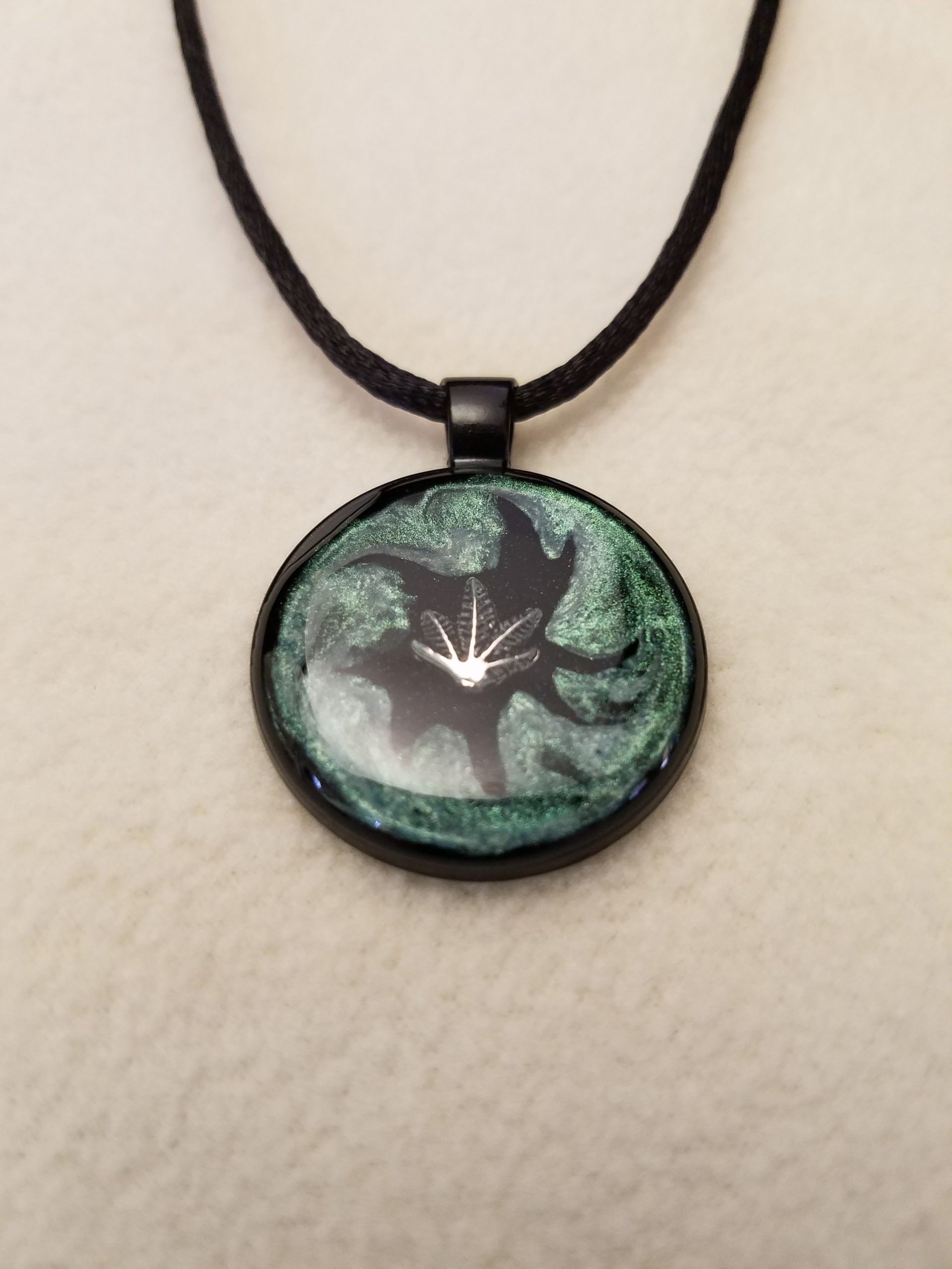 Green Swirl Epoxy Silver Plant Leaf Round Black Pendant on Black Cord Necklace