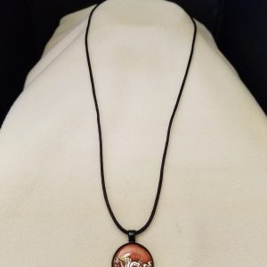 Adjustable Knotted Black Cord Necklace with Orange Swirl Epoxy Silver Dragon Round Black Pendant