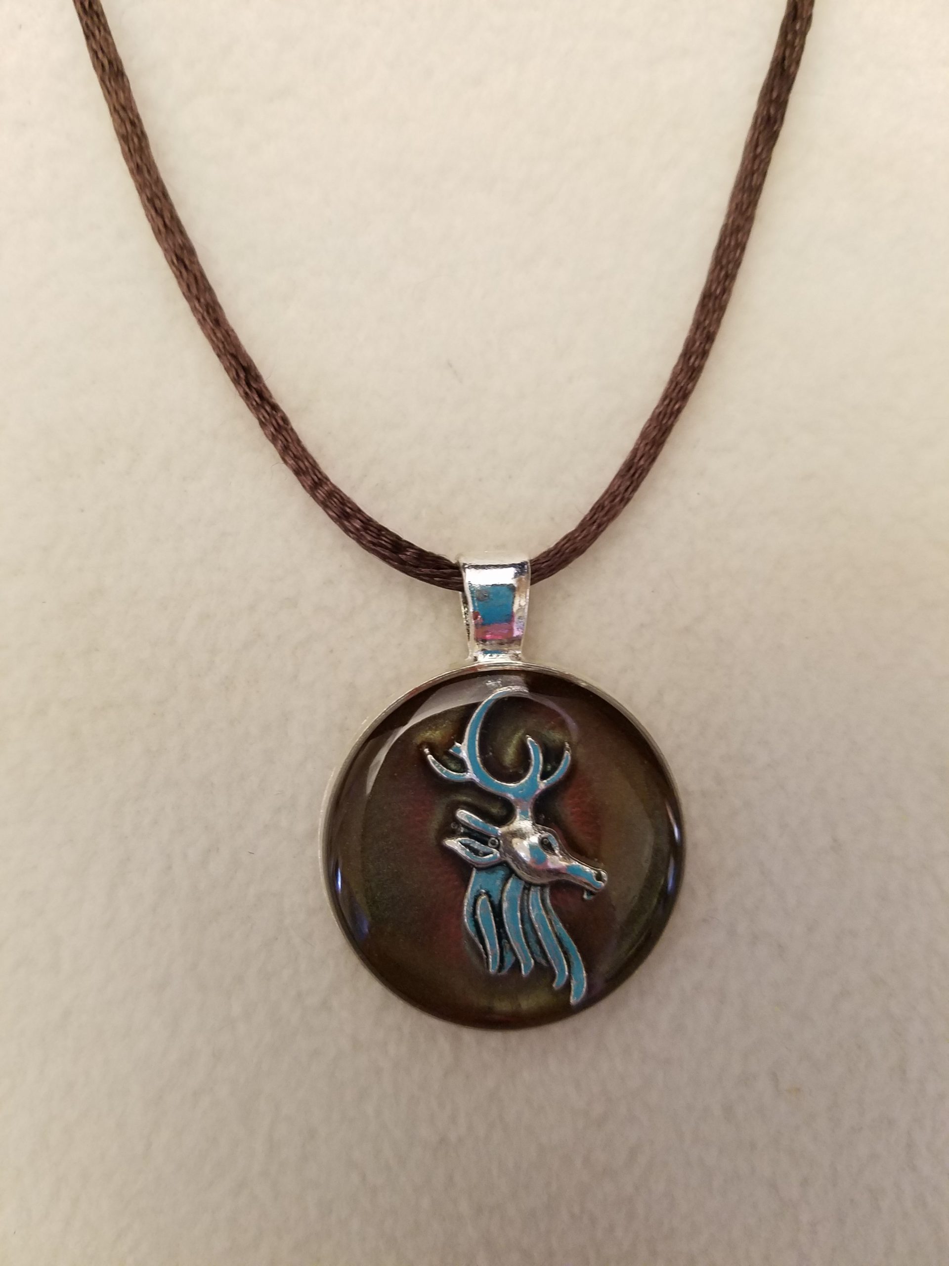 Brown Epoxy Silver Stag Head Round Silver Pendant on Brown Cord Necklace