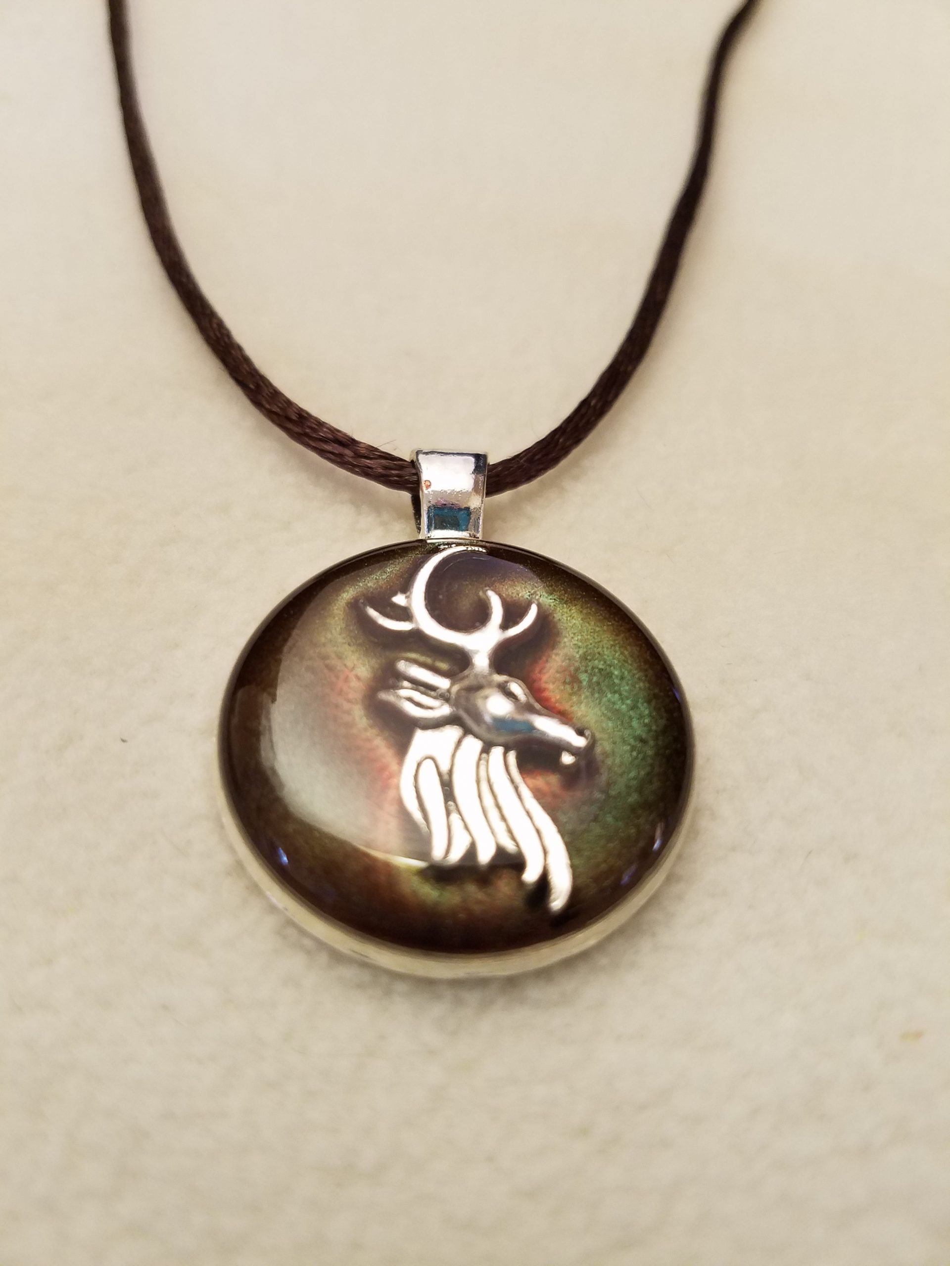 Brown Epoxy Silver Stag Head Round Silver Pendant on Brown Cord Necklace