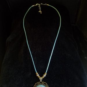 Beaded Blue Cord Necklace with Blue Beaded Silver Chain Adjustment with Dolphin Counterweight & 2 Silver Dolphins Set in Blue Epoxy on Decorative Bronze Pendant