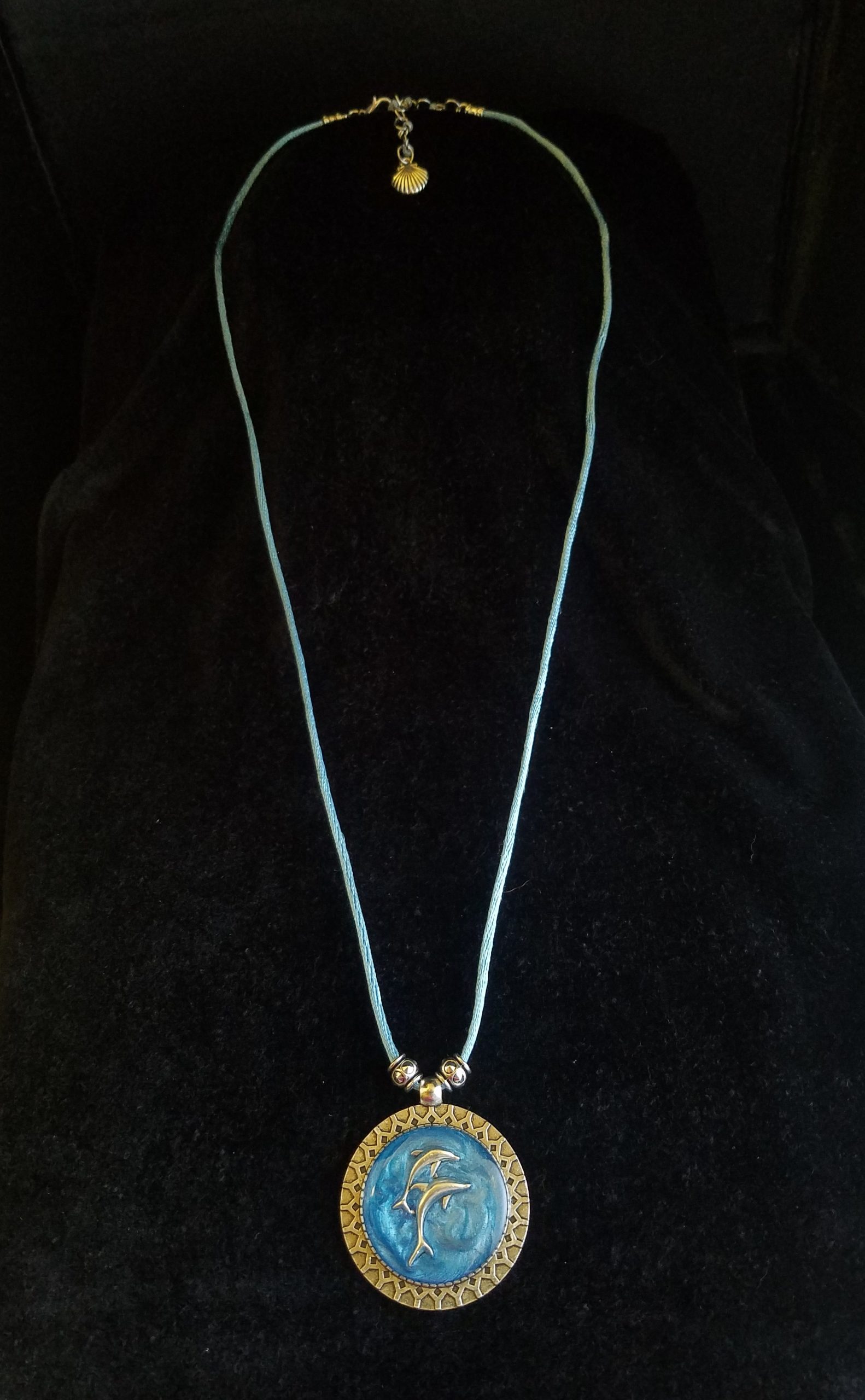 Beaded Blue Cord Necklace with Blue Beaded Silver Chain Adjustment with Dolphin Counterweight & 2 Silver Dolphins Set in Blue Epoxy on Decorative Silver Pendant