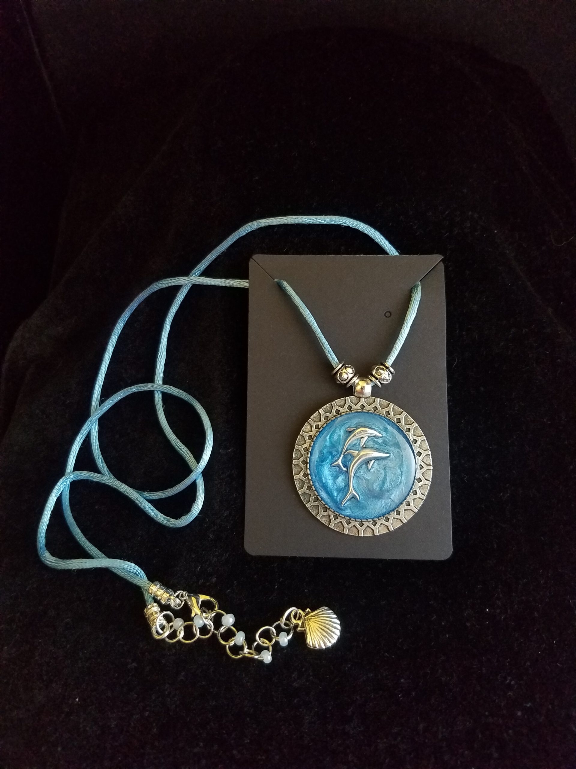 Beaded Blue Cord Necklace with Blue Beaded Silver Chain Adjustment with Dolphin Counterweight & 2 Silver Dolphins Set in Blue Epoxy on Decorative Silver Pendant