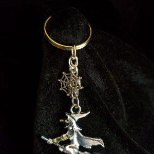 Silver Keychain Witch on a Broom Charm & Spider & Web Charm