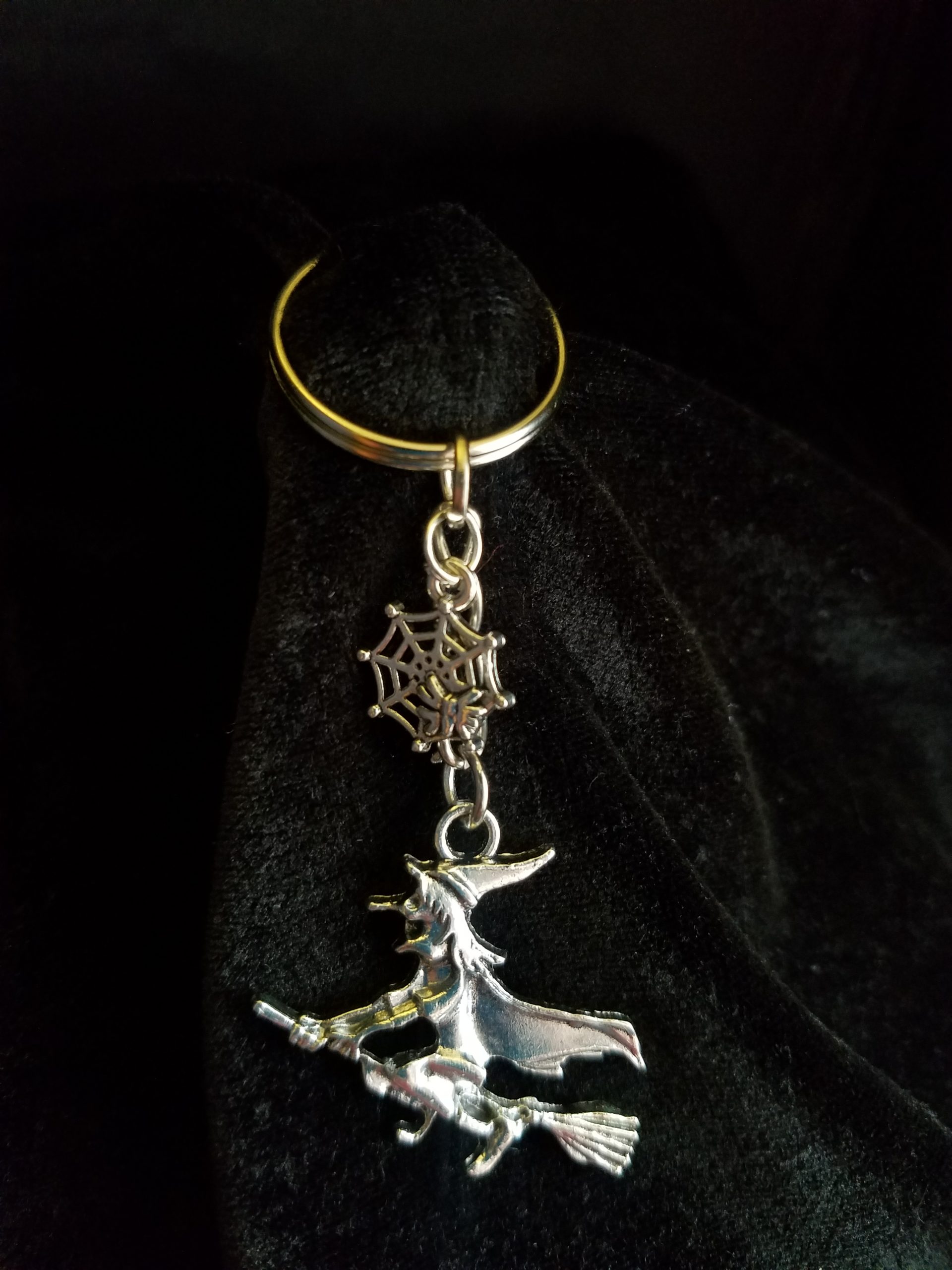 Silver Keychain Witch on a Broom Charm & Spider & Web Charm