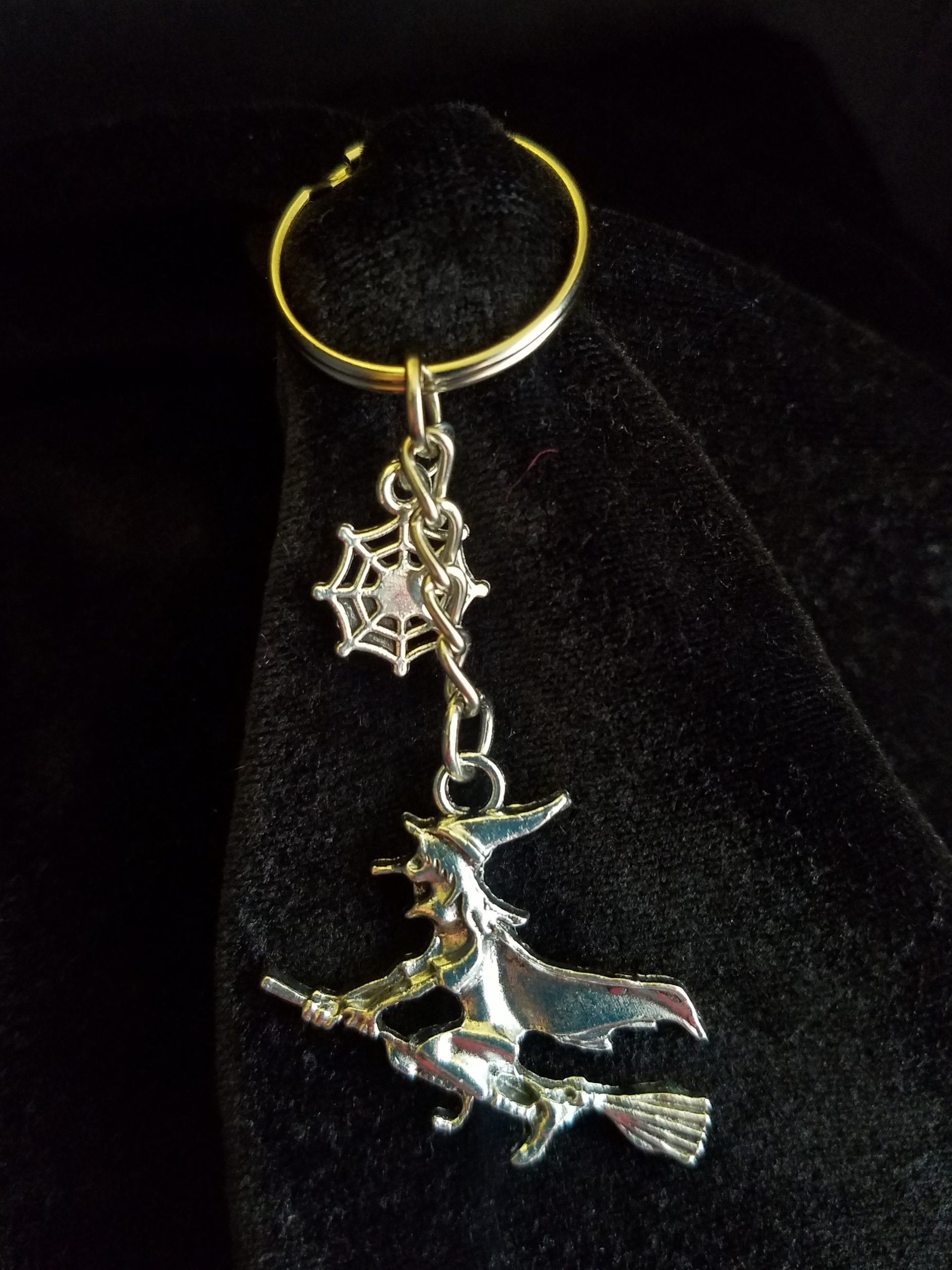 Silver Keychain Witch on a Broom Charm & Spider & Web Charm