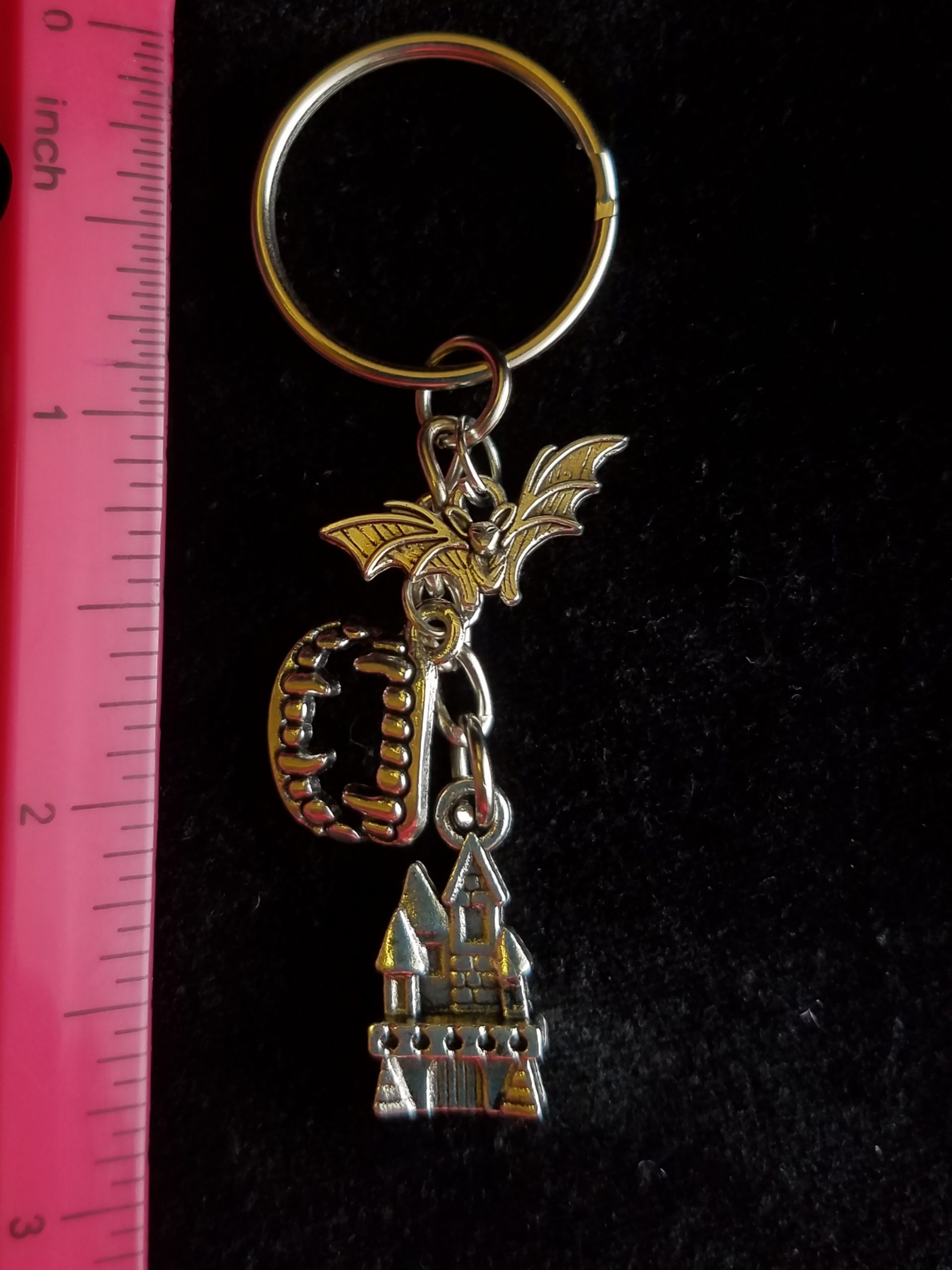 Silver Vampire Fangs, Castle & Bat Keychain