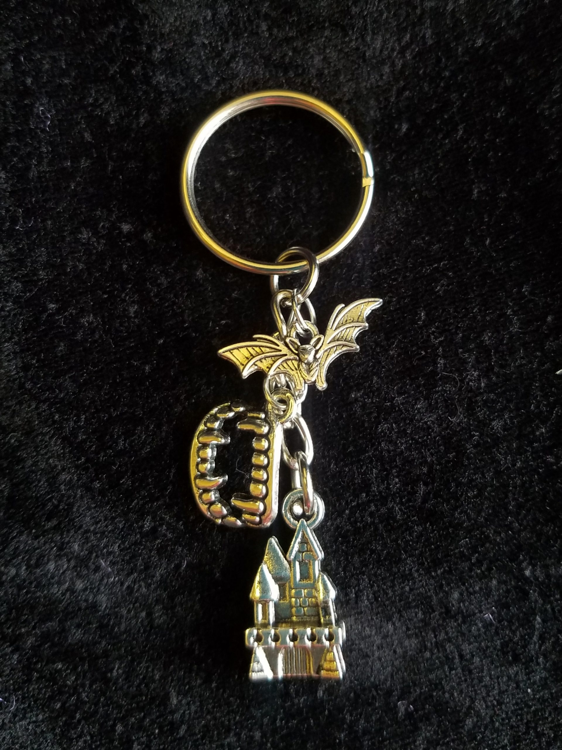 Silver Vampire Fangs, Castle & Bat Keychain