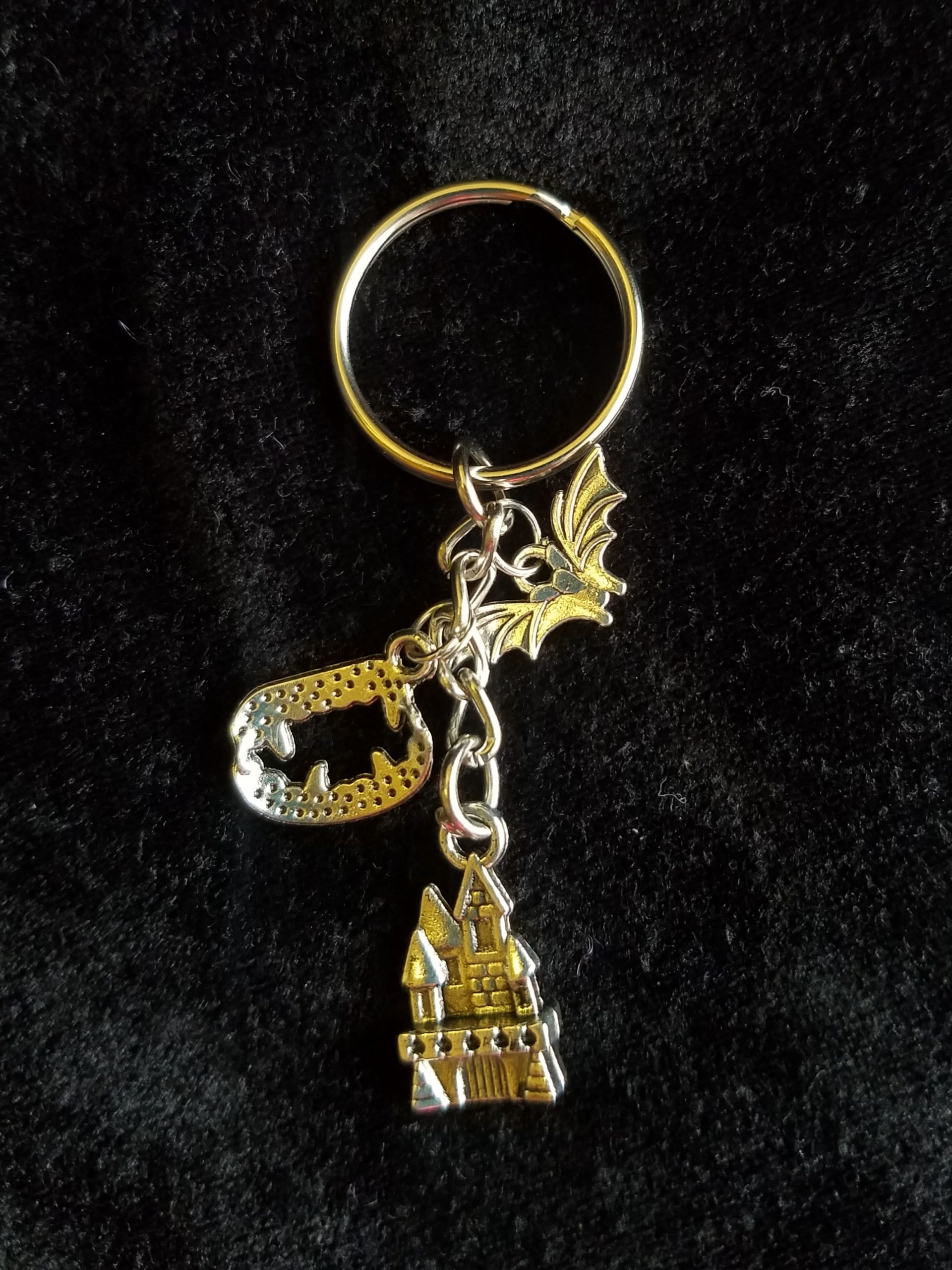Silver Vampire Fangs, Castle & Bat Keychain