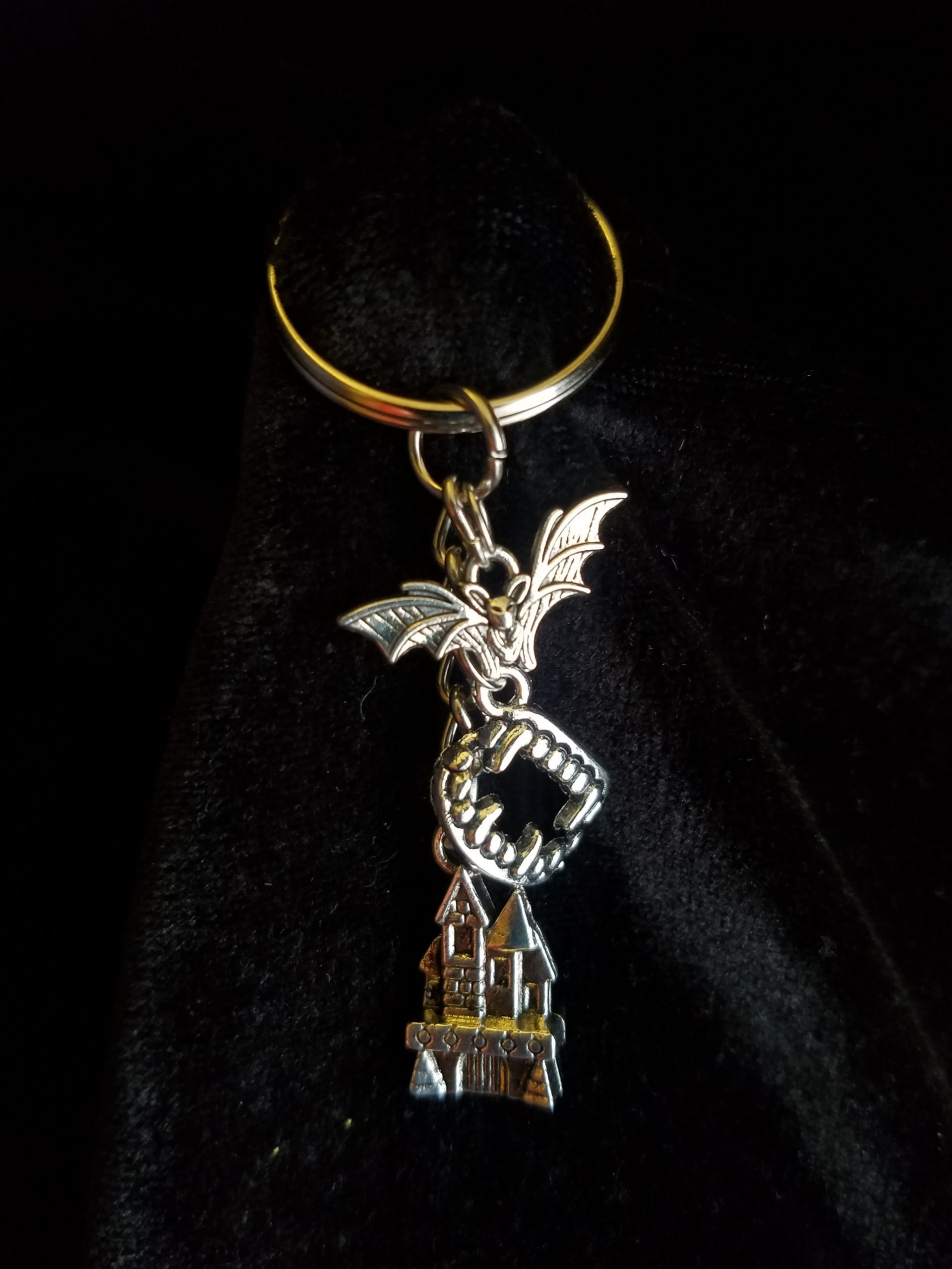 Silver Vampire Fangs, Castle & Bat Keychain