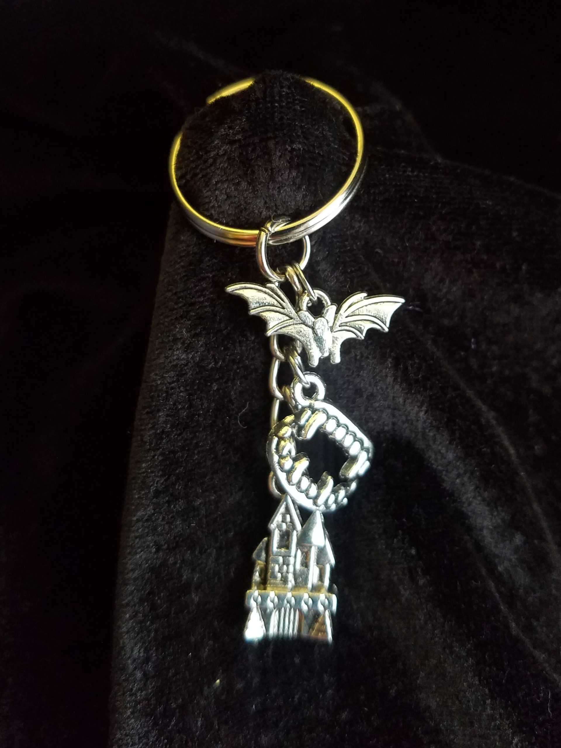 Silver Vampire Fangs, Castle & Bat Keychain