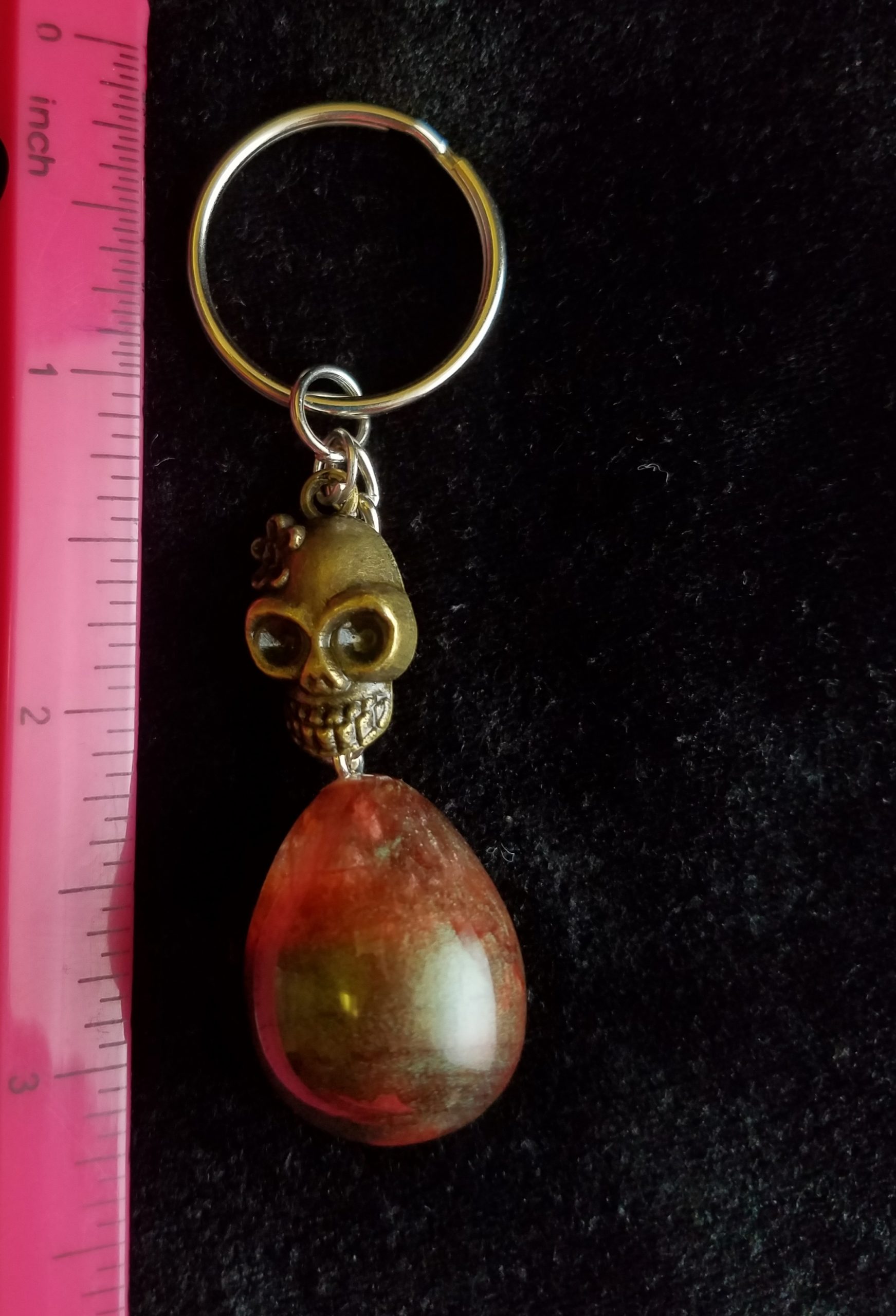 Abstract Brown & Clear Egg Keychain with Bronze Girl Skull Charm