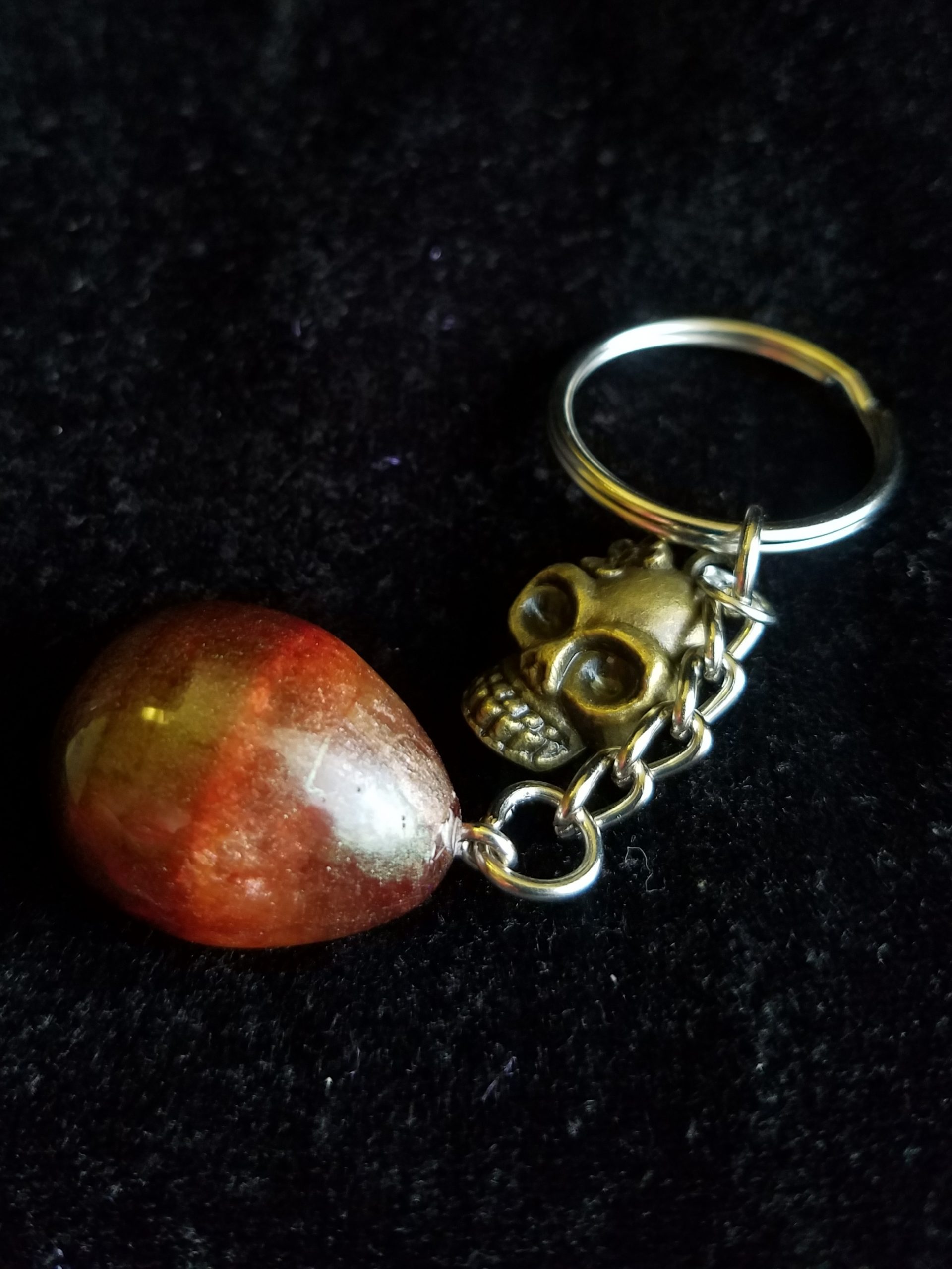 Abstract Brown & Clear Egg Keychain with Bronze Girl Skull Charm