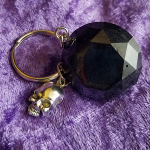 Shimmery Black Epoxy Diamond Keychain With Silver Skull Charm