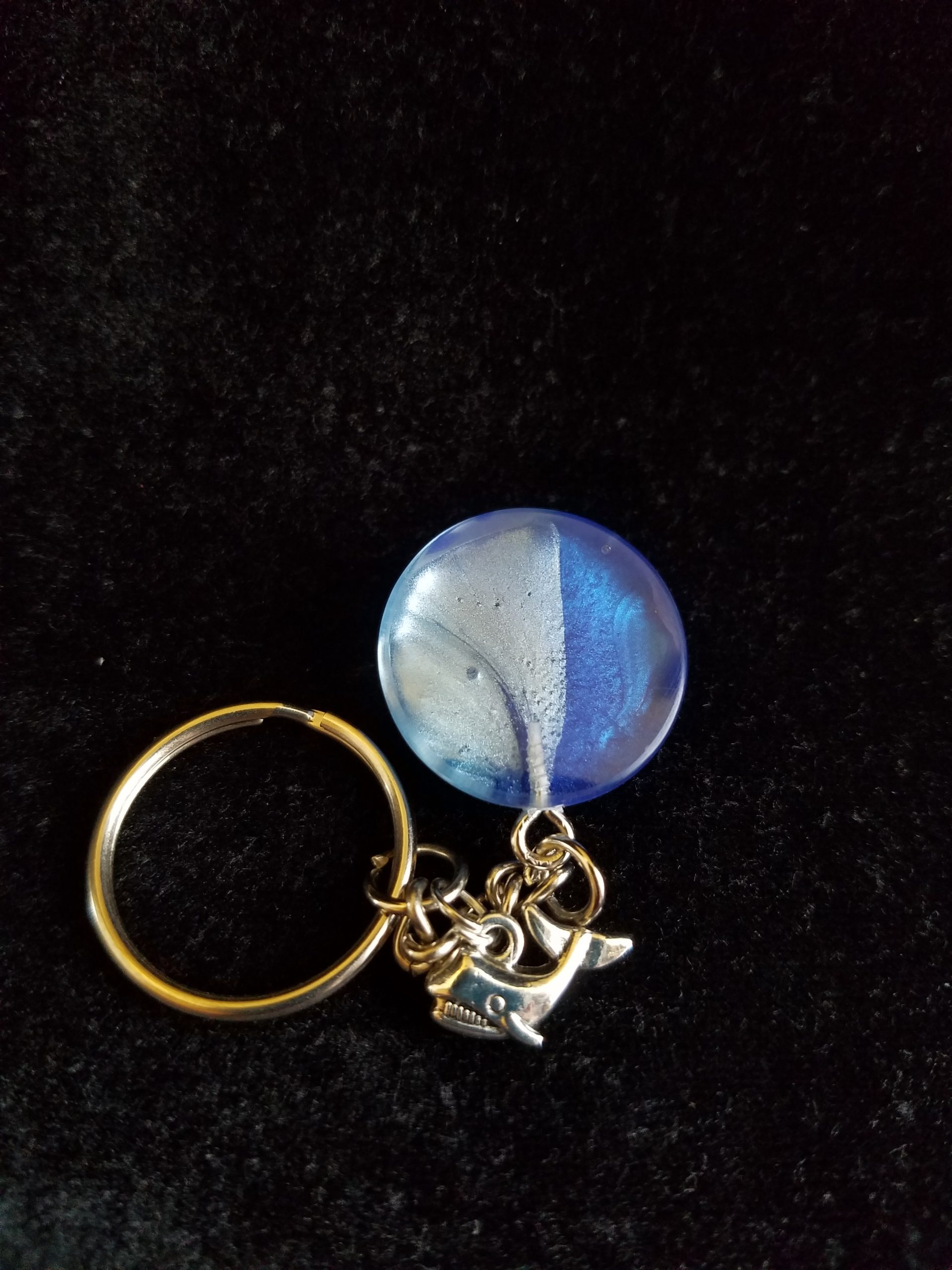 Abstract Silver Keychain with Double Blue Epoxy Round Charm & Silver Whale Charm