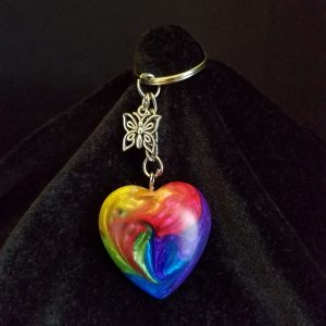 Silver Keychain with Rainbow Epoxy Heart Charm & Silver Butterfly Charm