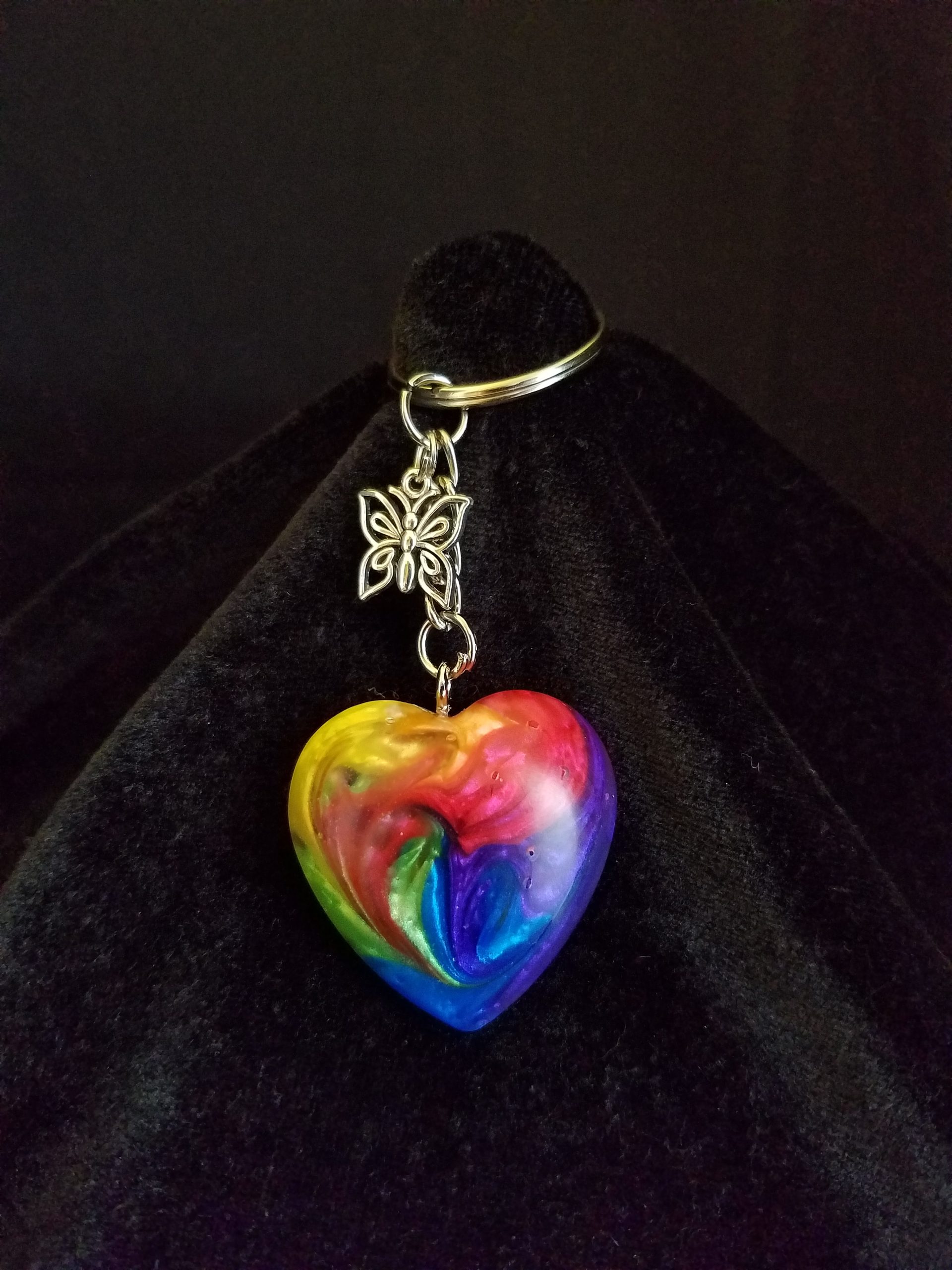 Silver Keychain with Rainbow Epoxy Heart Charm & Silver Butterfly Charm
