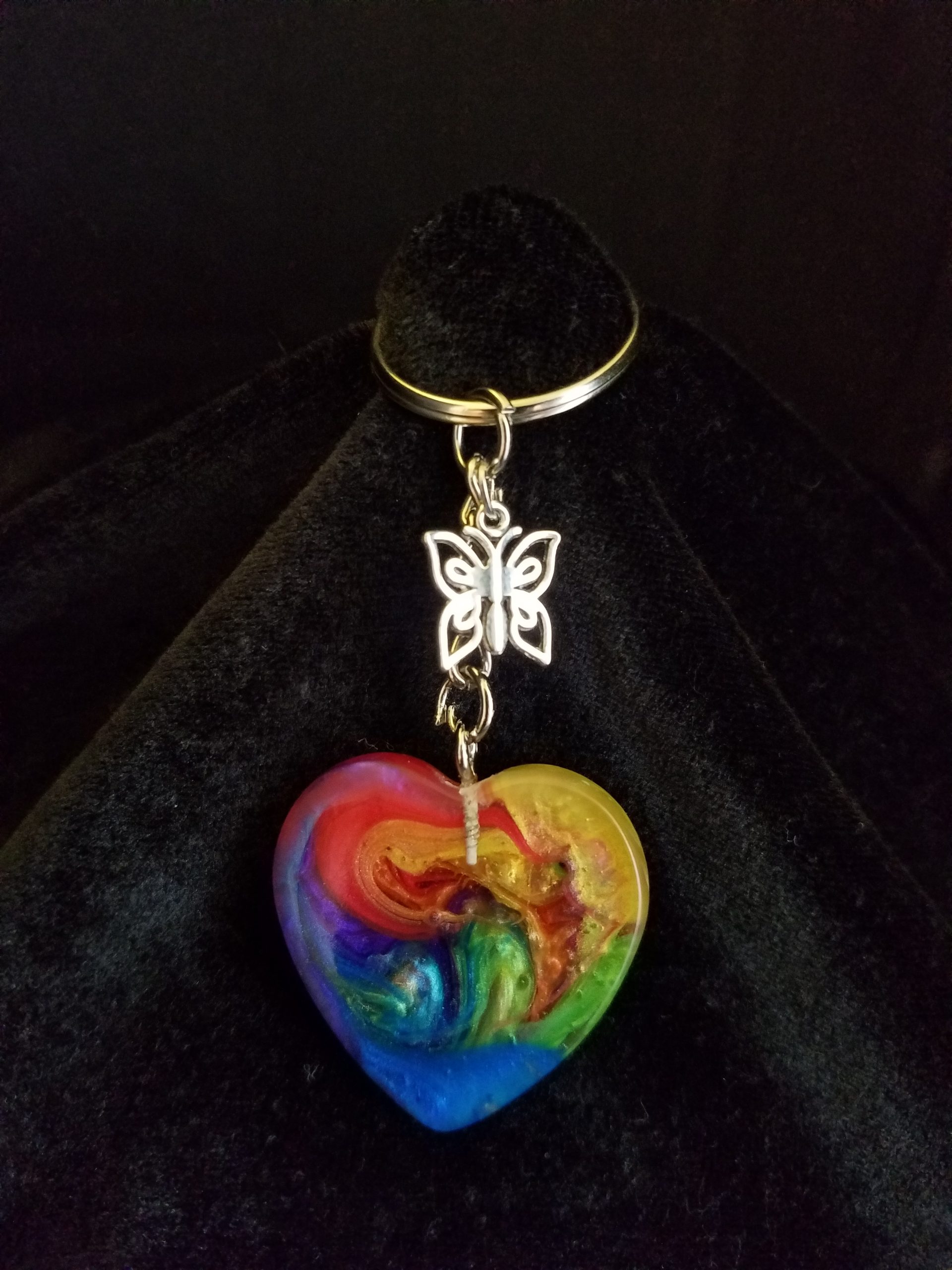 Silver Keychain with Rainbow Epoxy Heart Charm & Silver Butterfly Charm